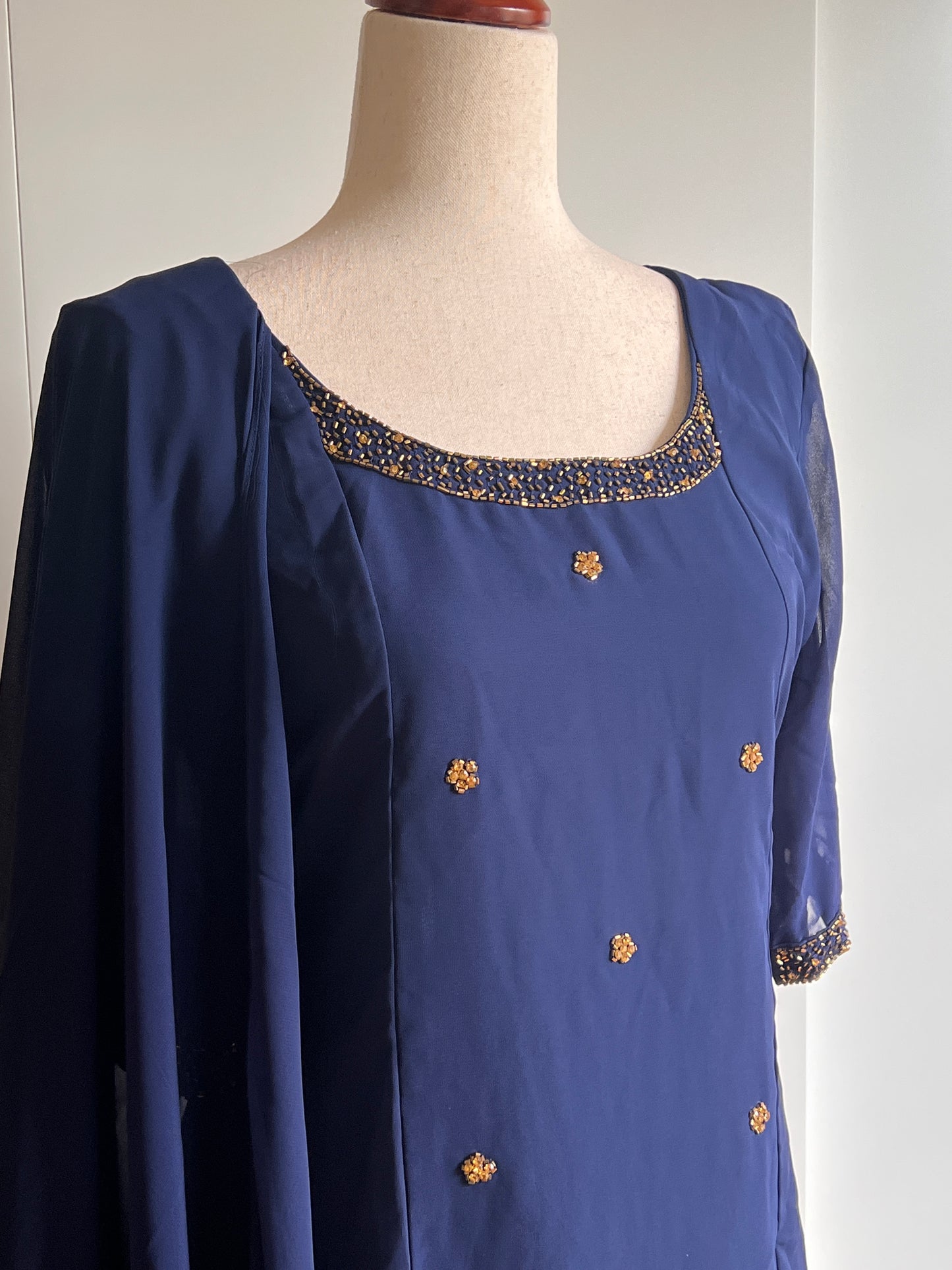 Navy Blue Faux Georgette Heavy Handwork Slit Salwar Set
