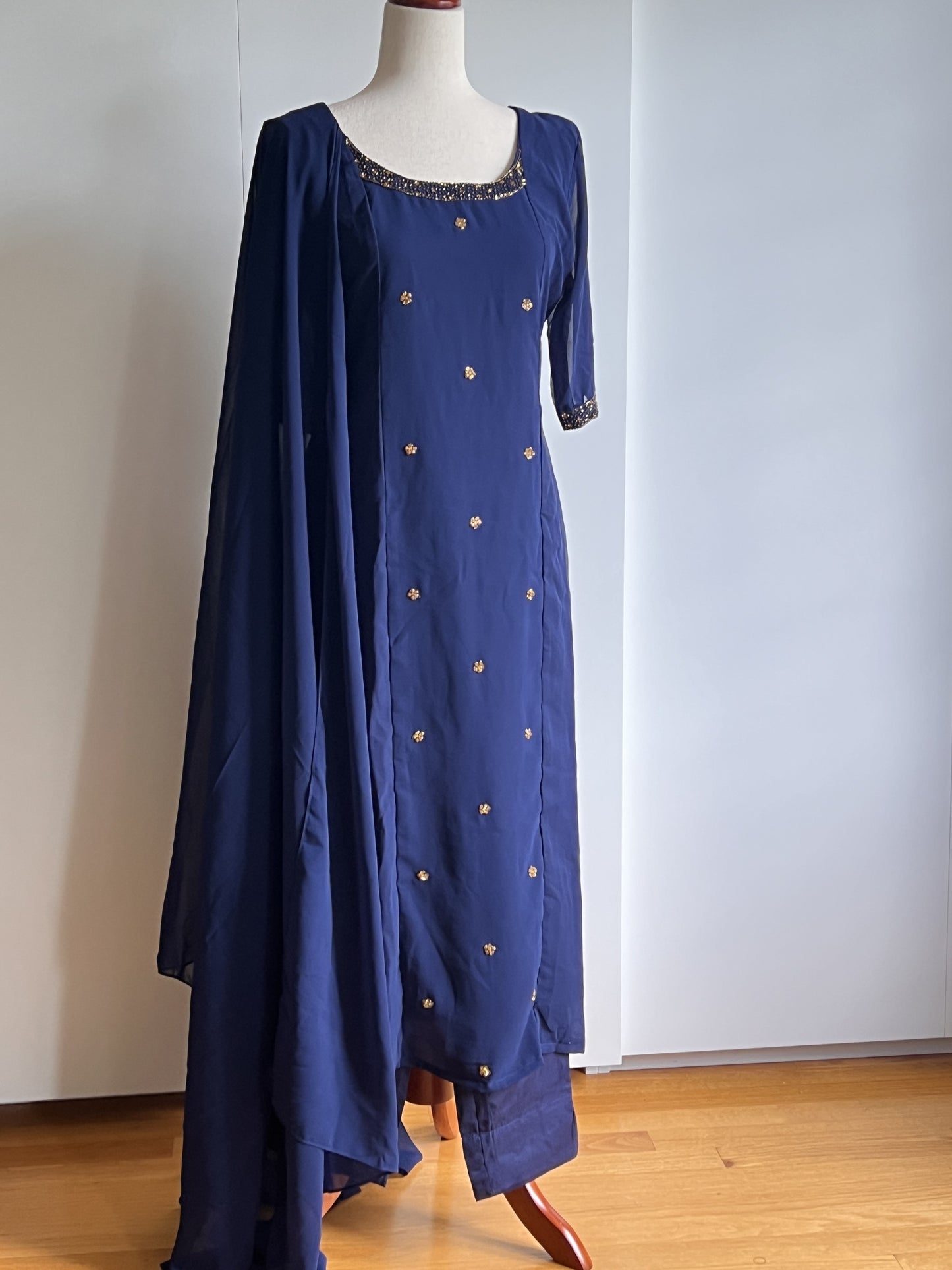 Navy Blue Faux Georgette Heavy Handwork Slit Salwar Set