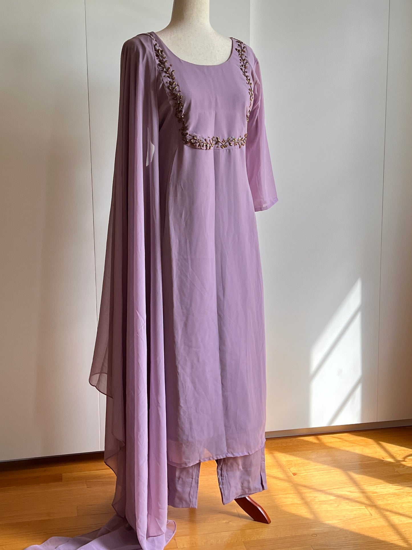 Mauve Lavender Faux Georgette Heavy Handwork Slit Salwar Set