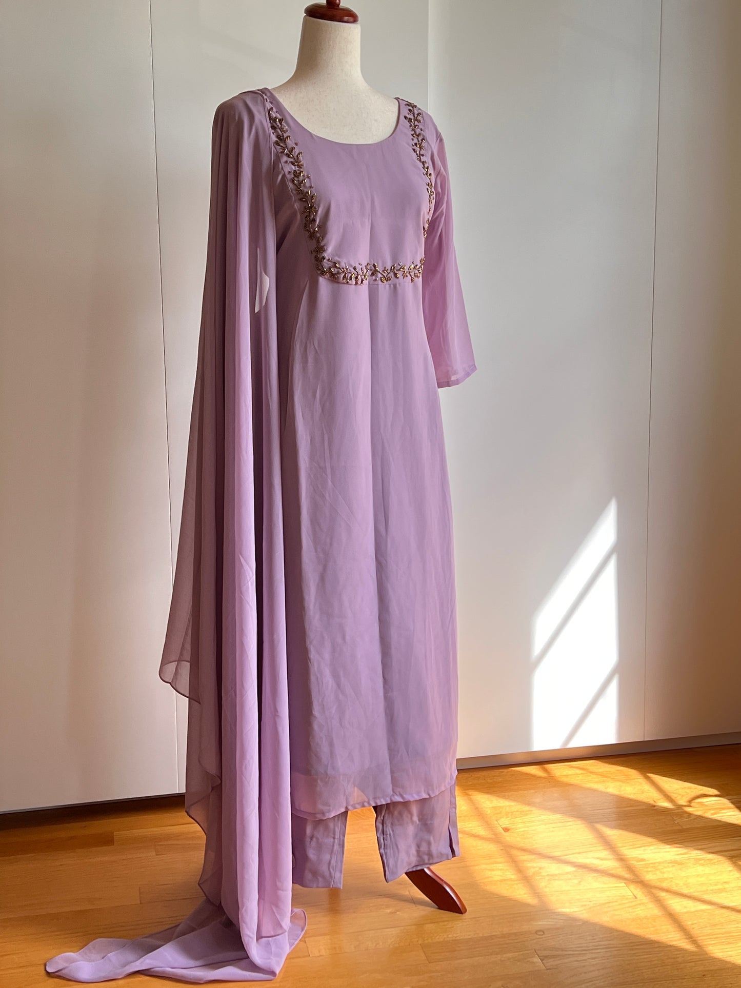 Mauve Lavender Faux Georgette Heavy Handwork Slit Salwar Set