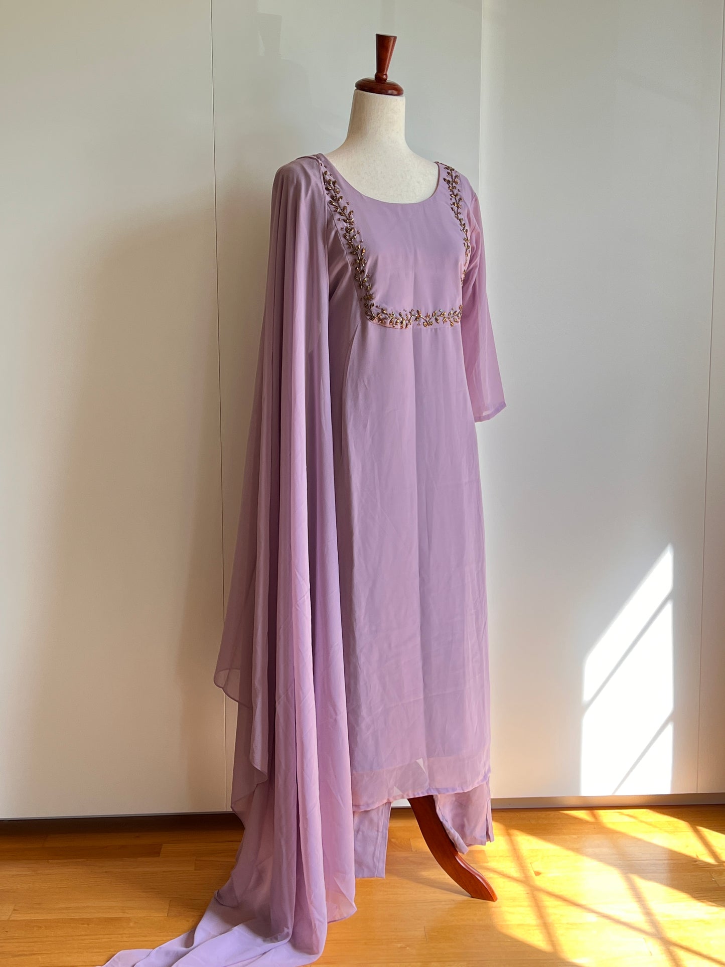 Mauve Lavender Faux Georgette Heavy Handwork Slit Salwar Set