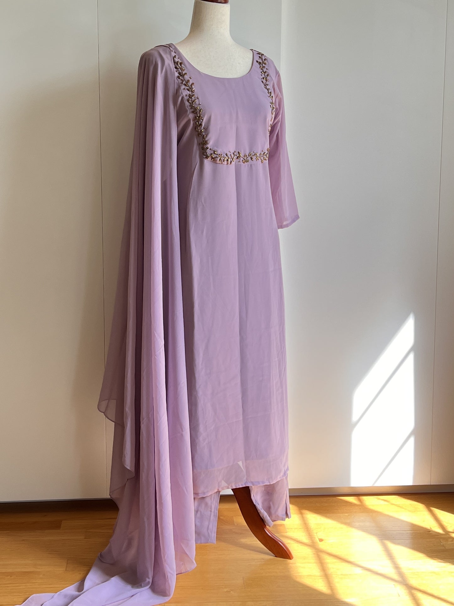 Mauve Lavender Faux Georgette Heavy Handwork Slit Salwar Set