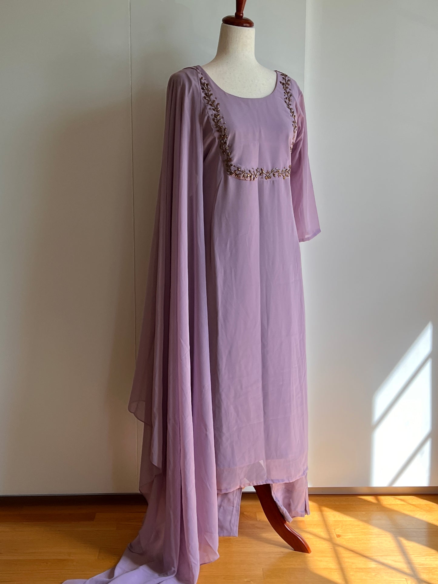 Mauve Lavender Faux Georgette Heavy Handwork Slit Salwar Set