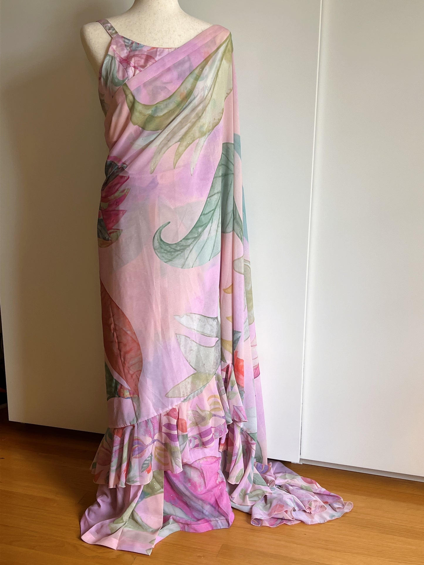 Pink Ready To Wear Frill Saree Medium Size