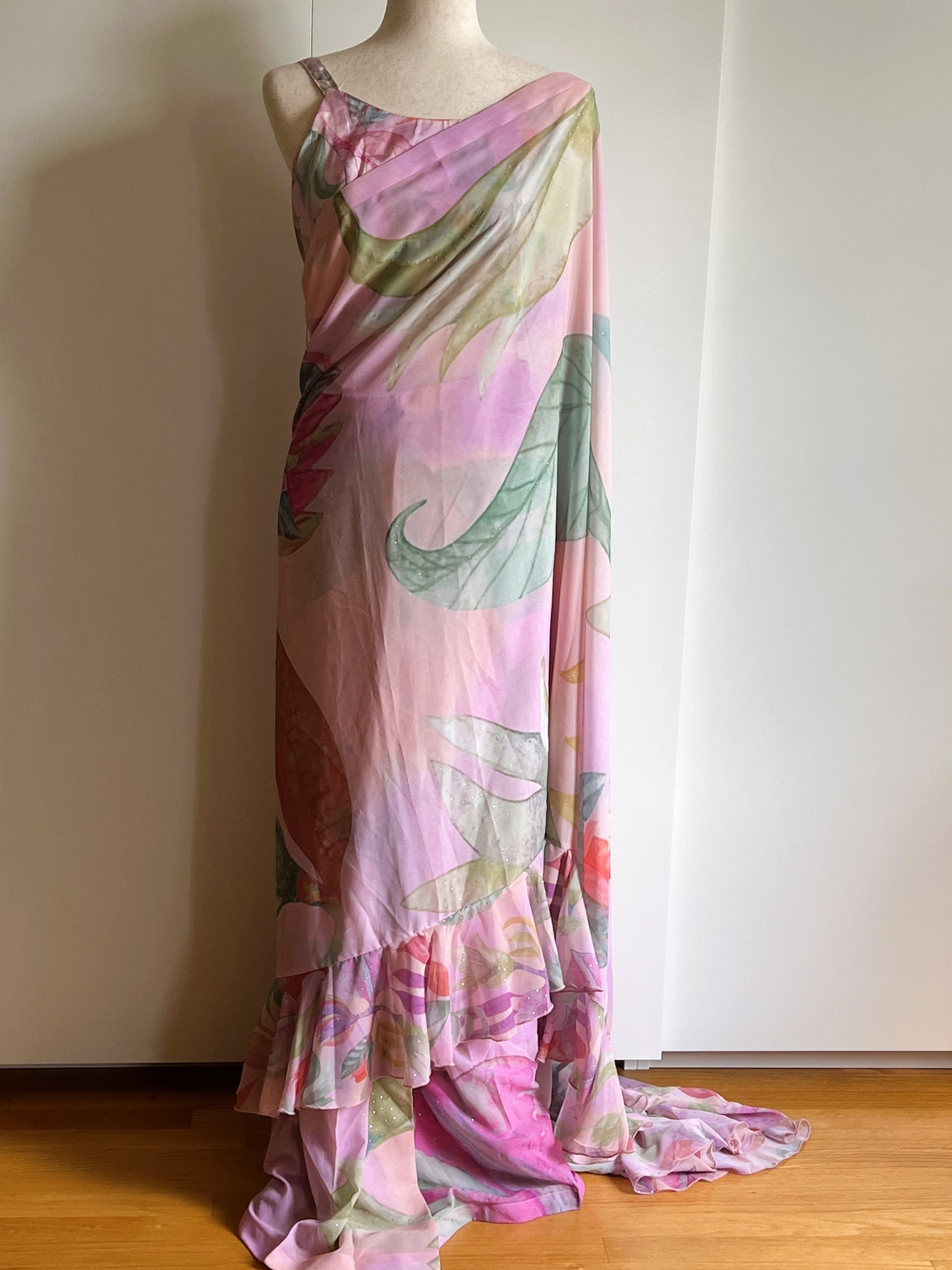 Pink Ready To Wear Frill Saree Medium Size