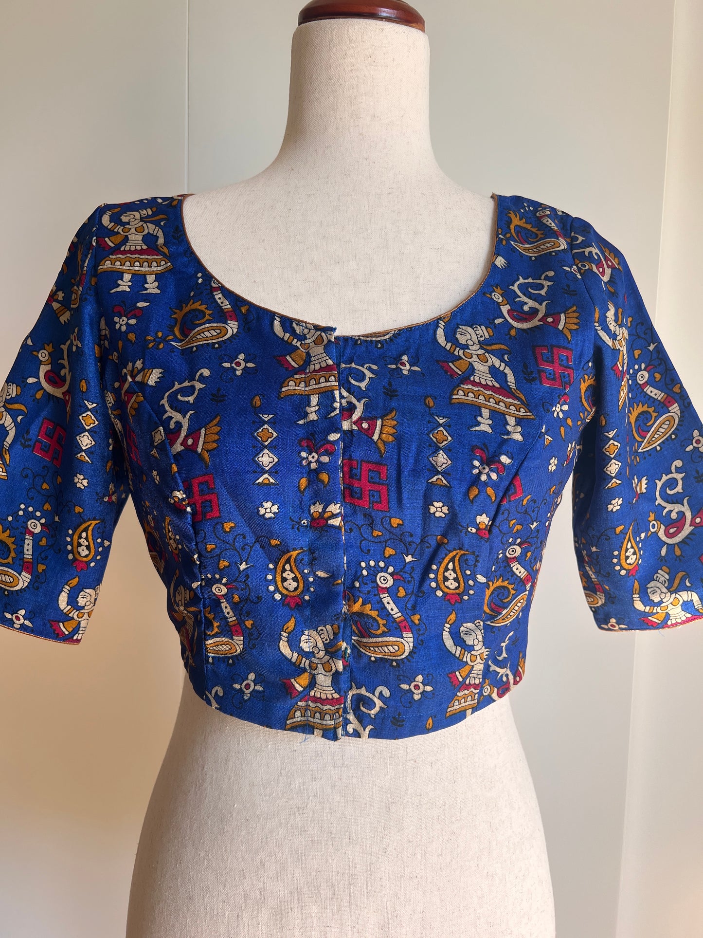 Beige Tussar Saree with Blue Silk Kalamkari Blouse