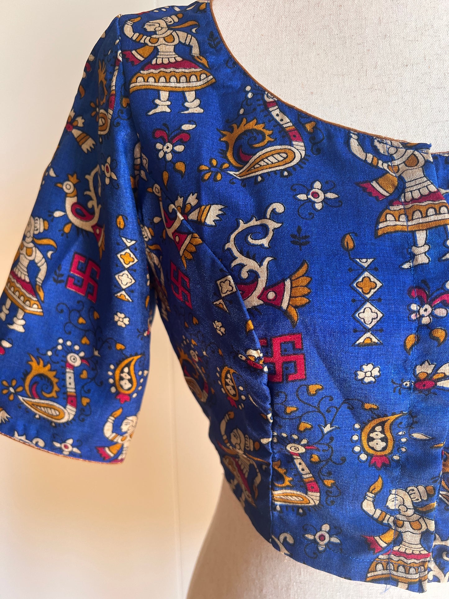 Beige Tussar Saree with Blue Silk Kalamkari Blouse