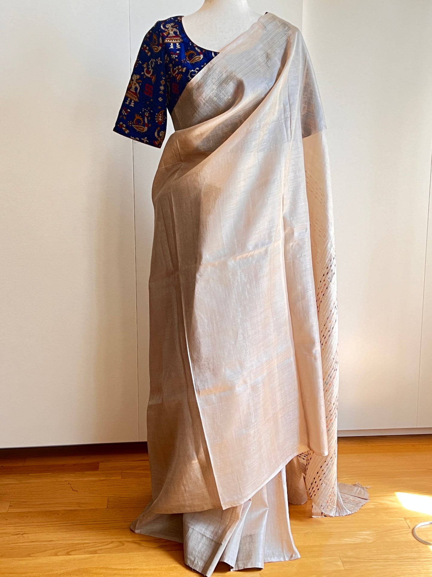Beige Tussar Saree with Blue Silk Kalamkari Blouse