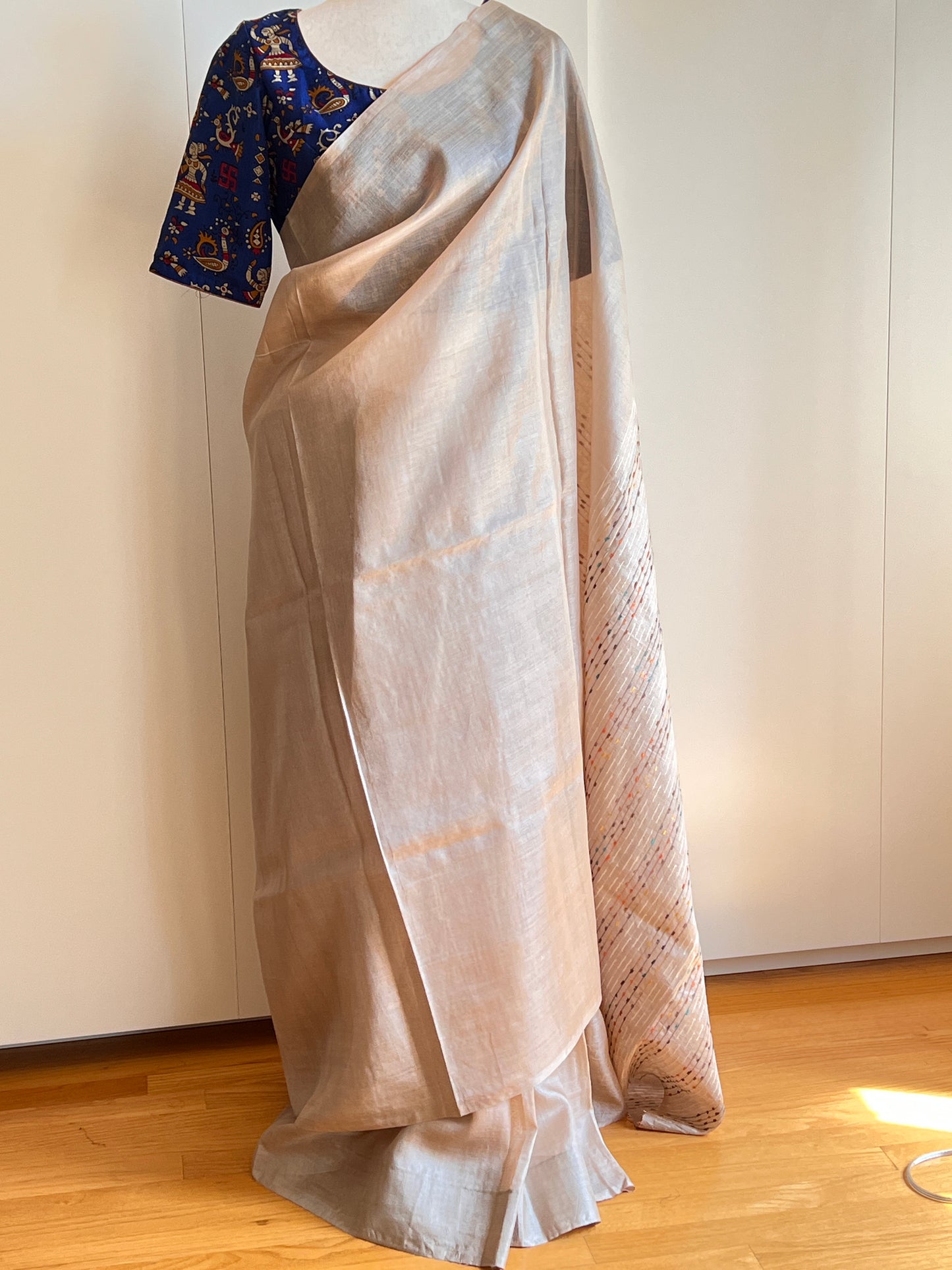 Beige Tussar Saree with Blue Silk Kalamkari Blouse