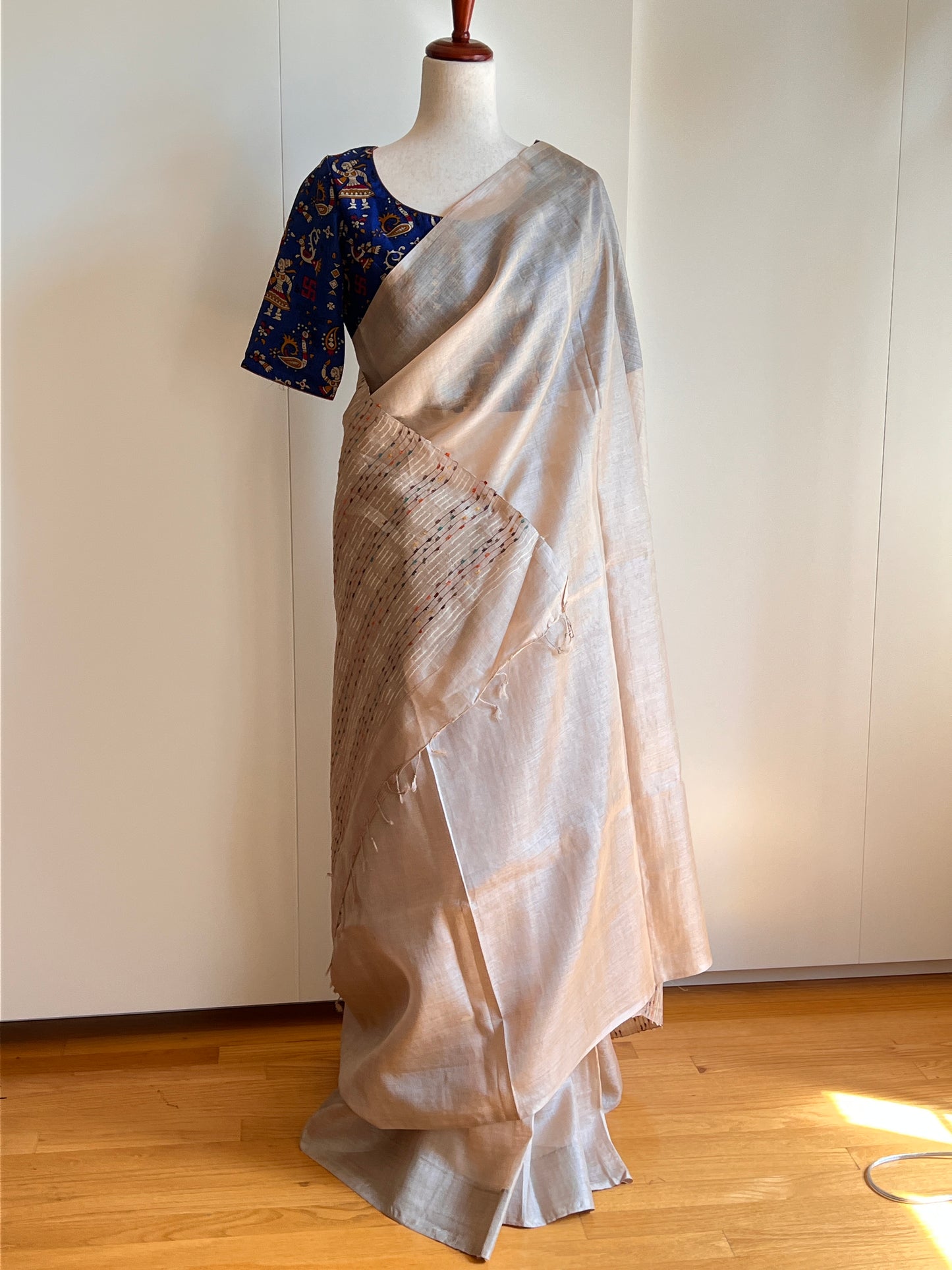 Beige Tussar Saree with Blue Silk Kalamkari Blouse