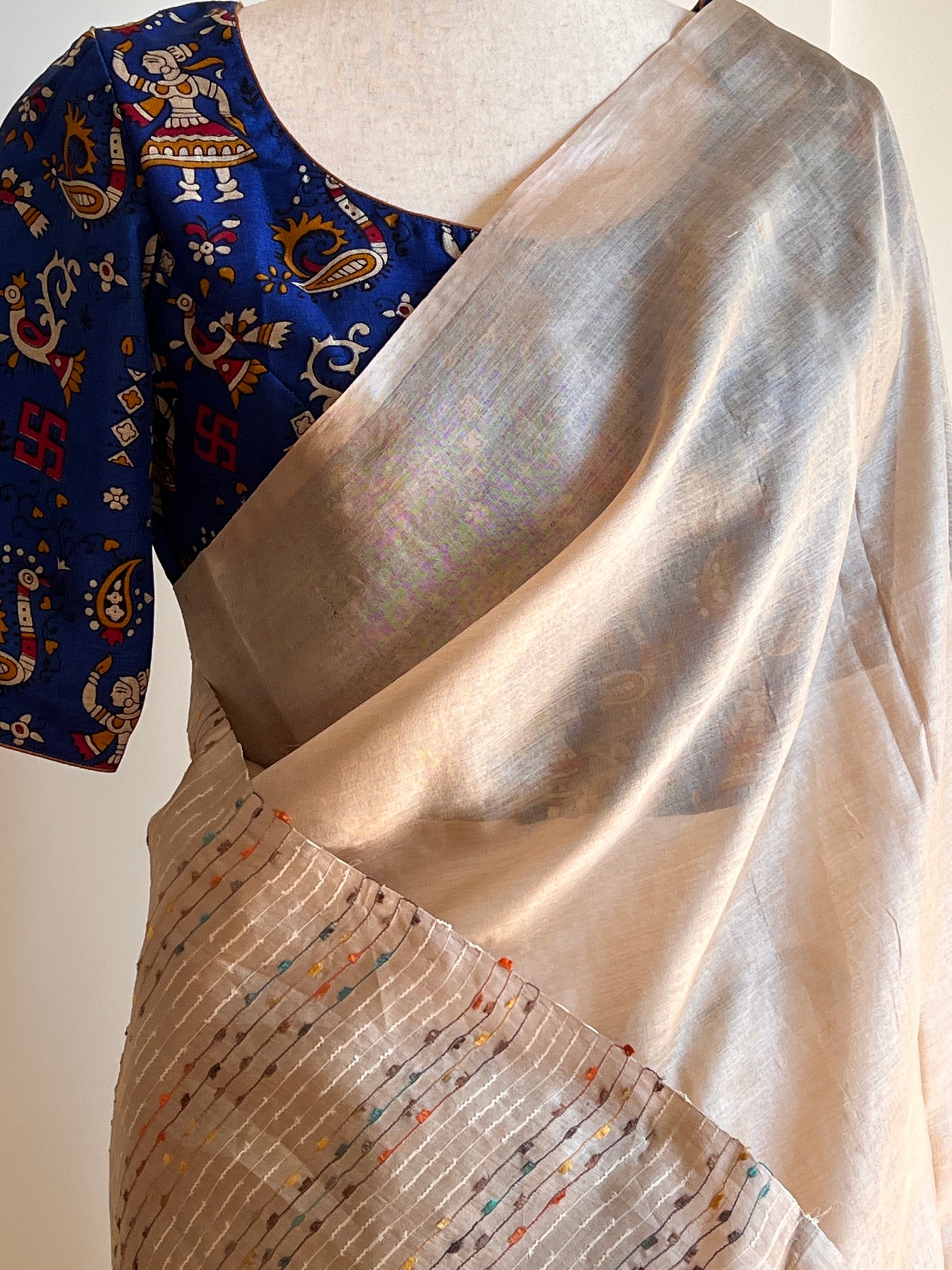 Beige Tussar Saree with Blue Silk Kalamkari Blouse