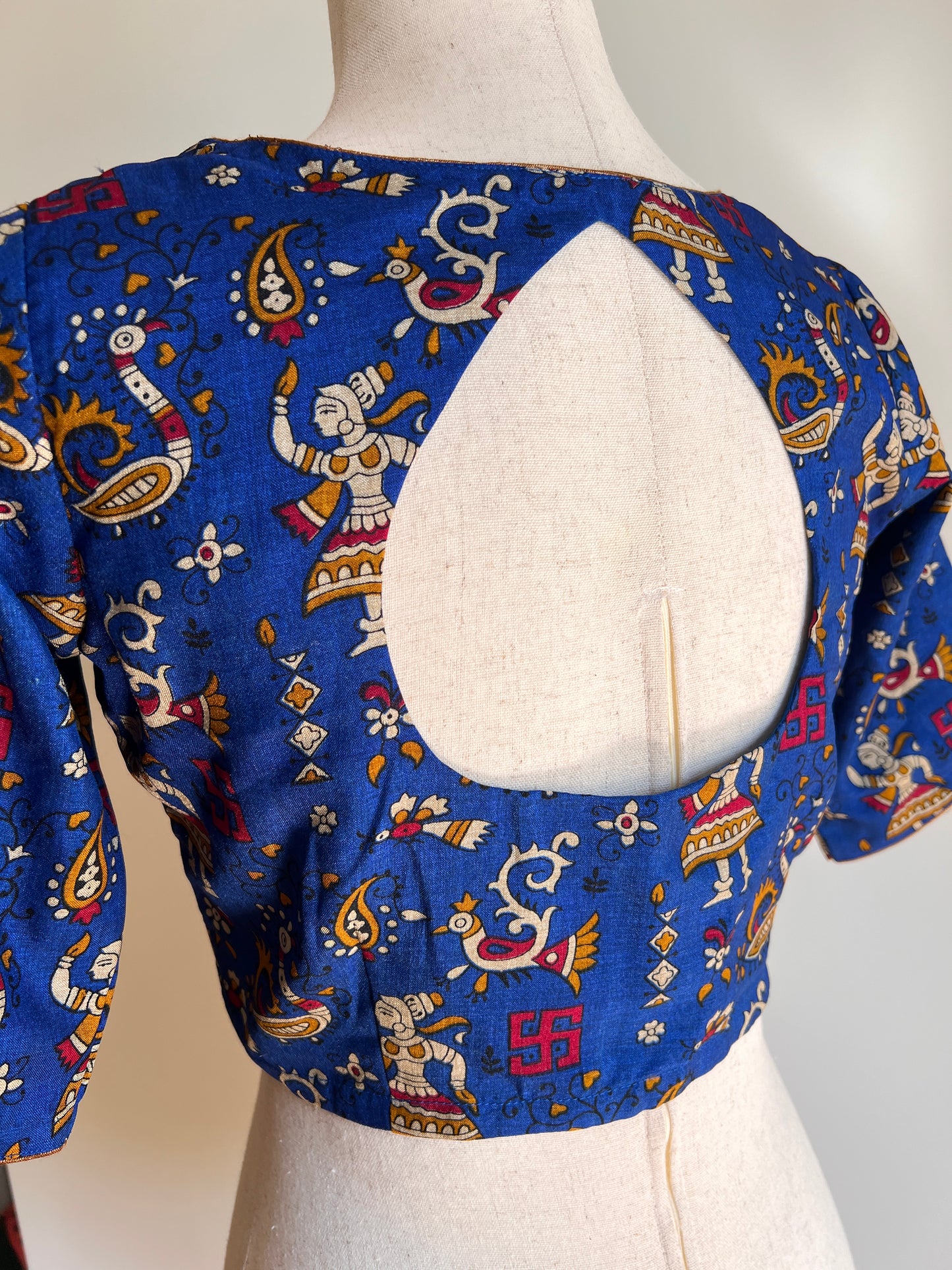 Beige Tussar Saree with Blue Silk Kalamkari Blouse