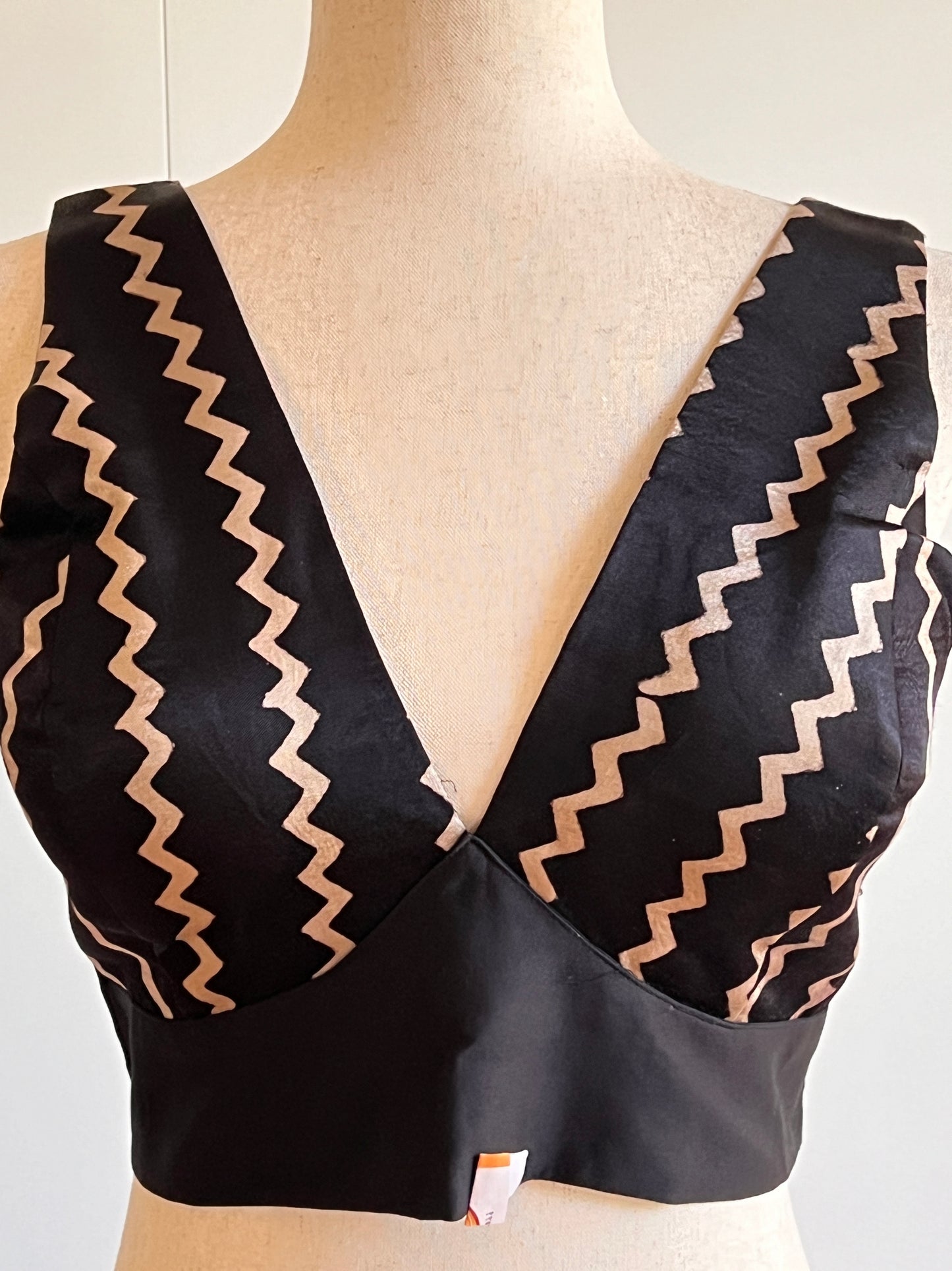 Black Chevron Saree with Stitched Blouse Ajrakh Set