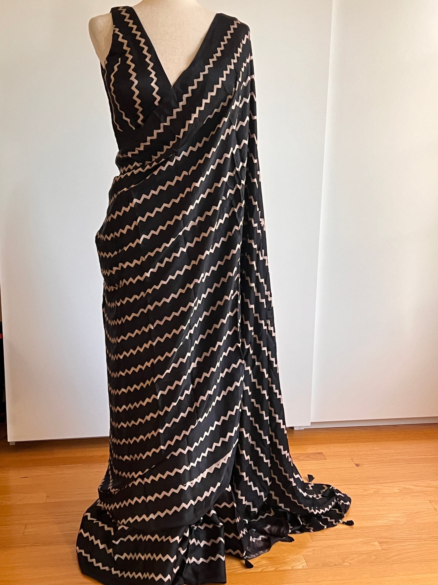 Black Chevron Saree with Stitched Blouse Ajrakh Set