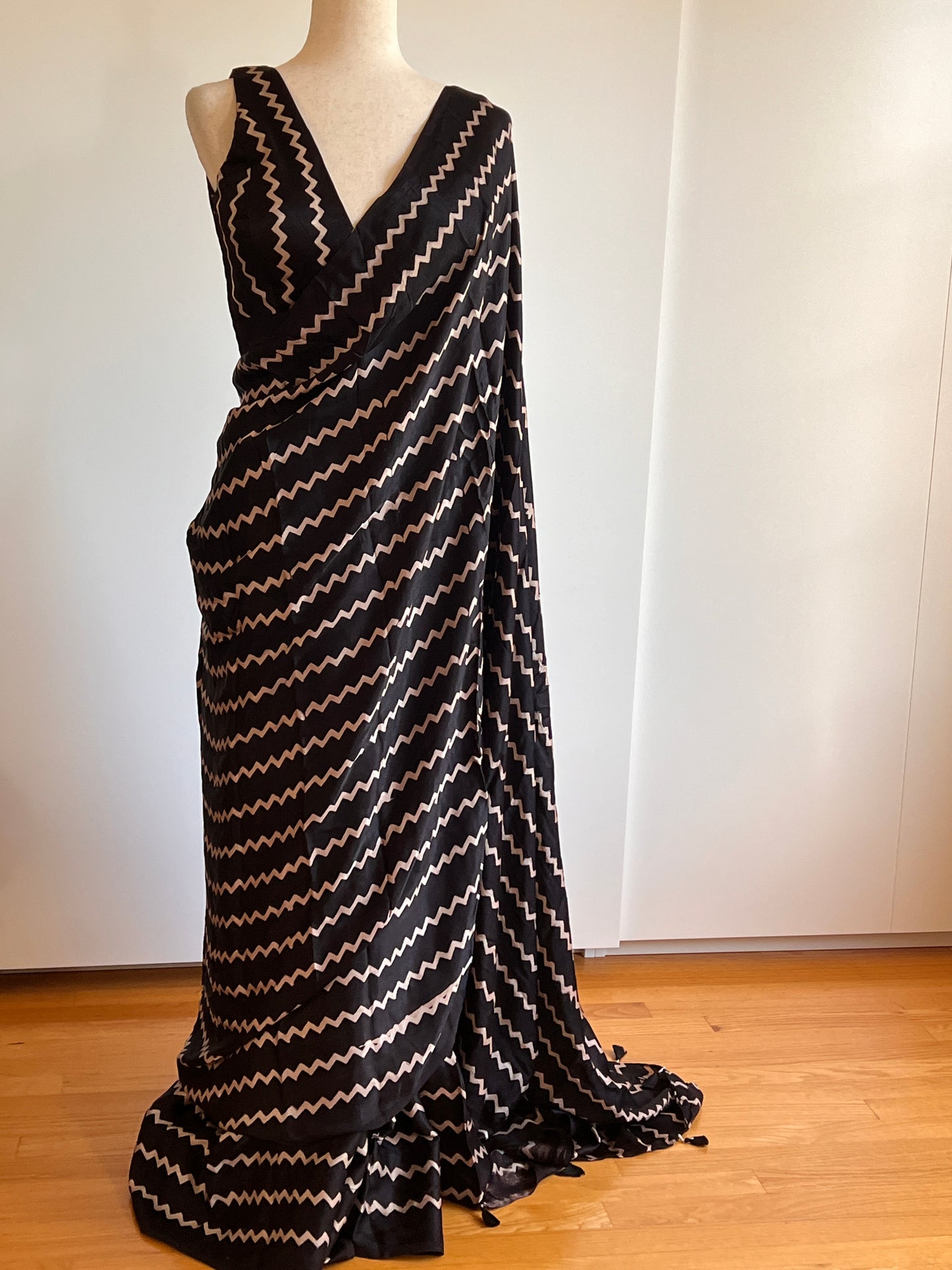 Black Chevron Saree with Stitched Blouse Ajrakh Set