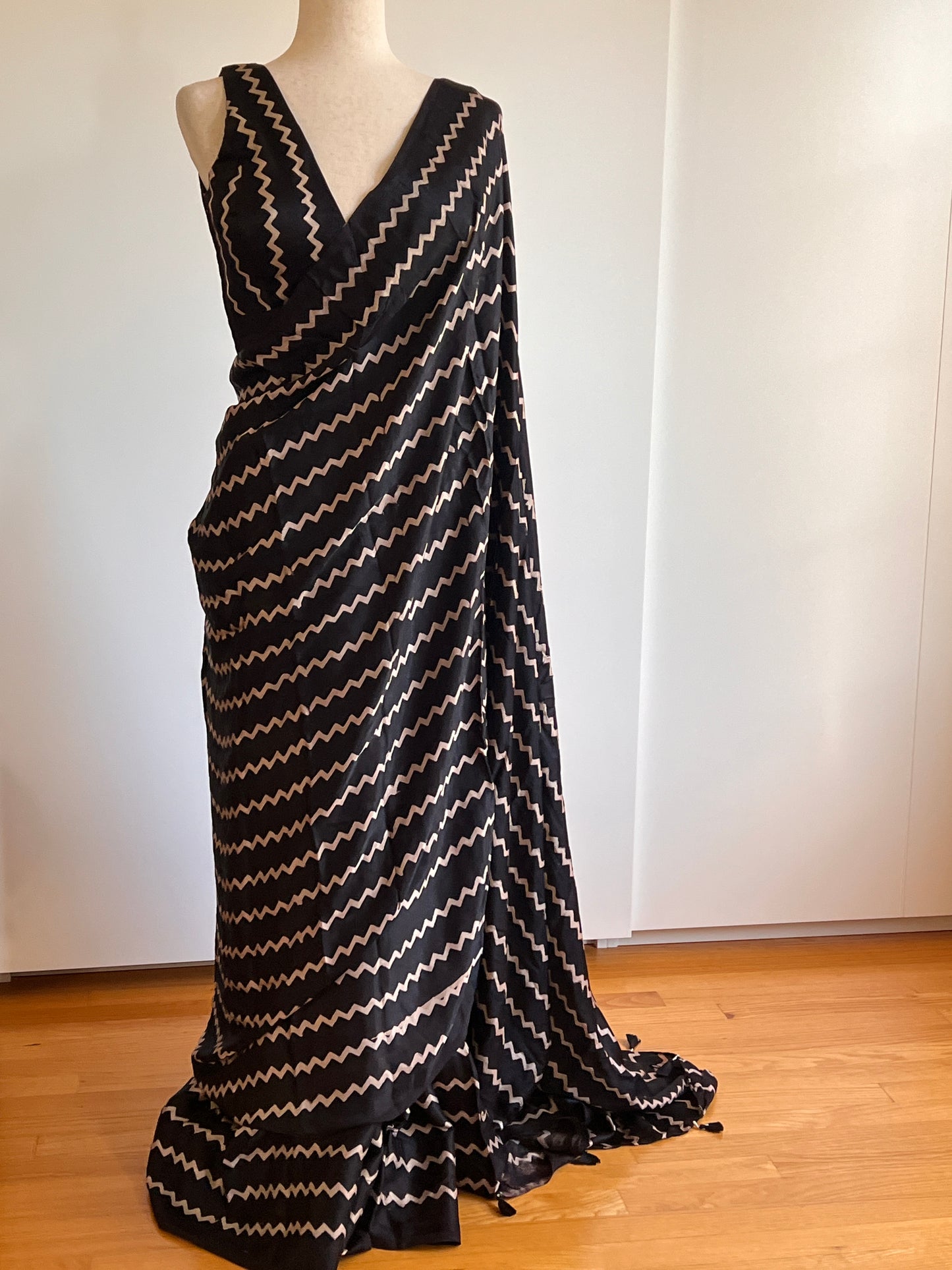 Black Chevron Saree with Stitched Blouse Ajrakh Set
