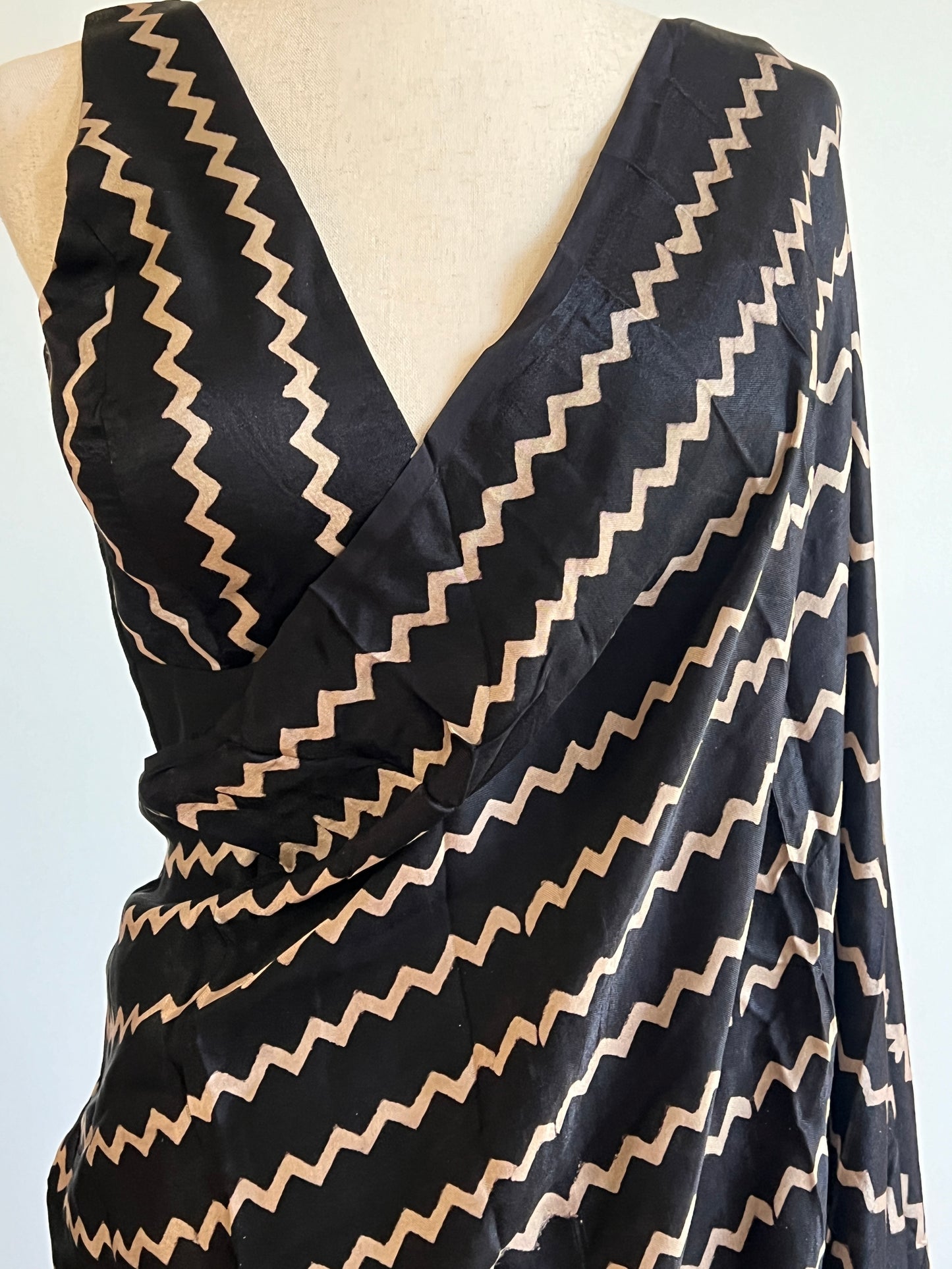 Black Chevron Saree with Stitched Blouse Ajrakh Set