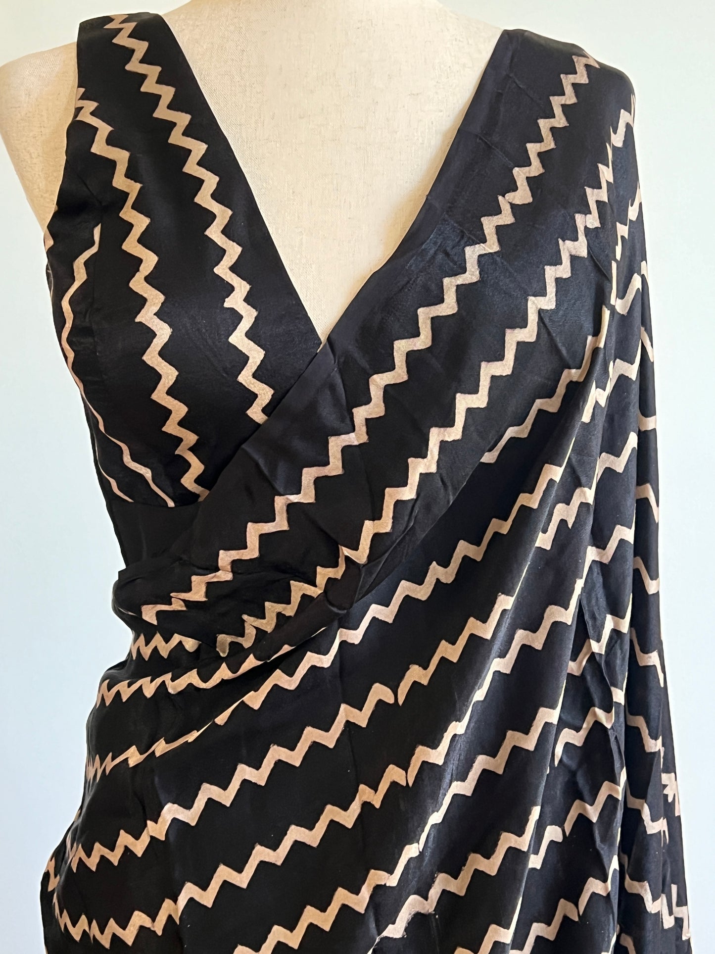 Black Chevron Saree with Stitched Blouse Ajrakh Set