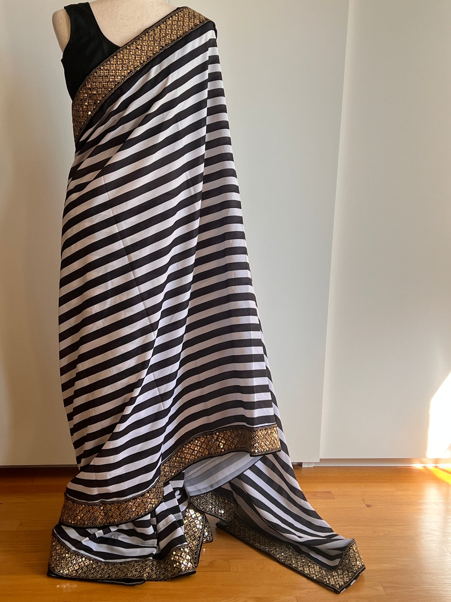 Black And White Stripe Printed Silk Saree with Gold Embellished Embroidered Border