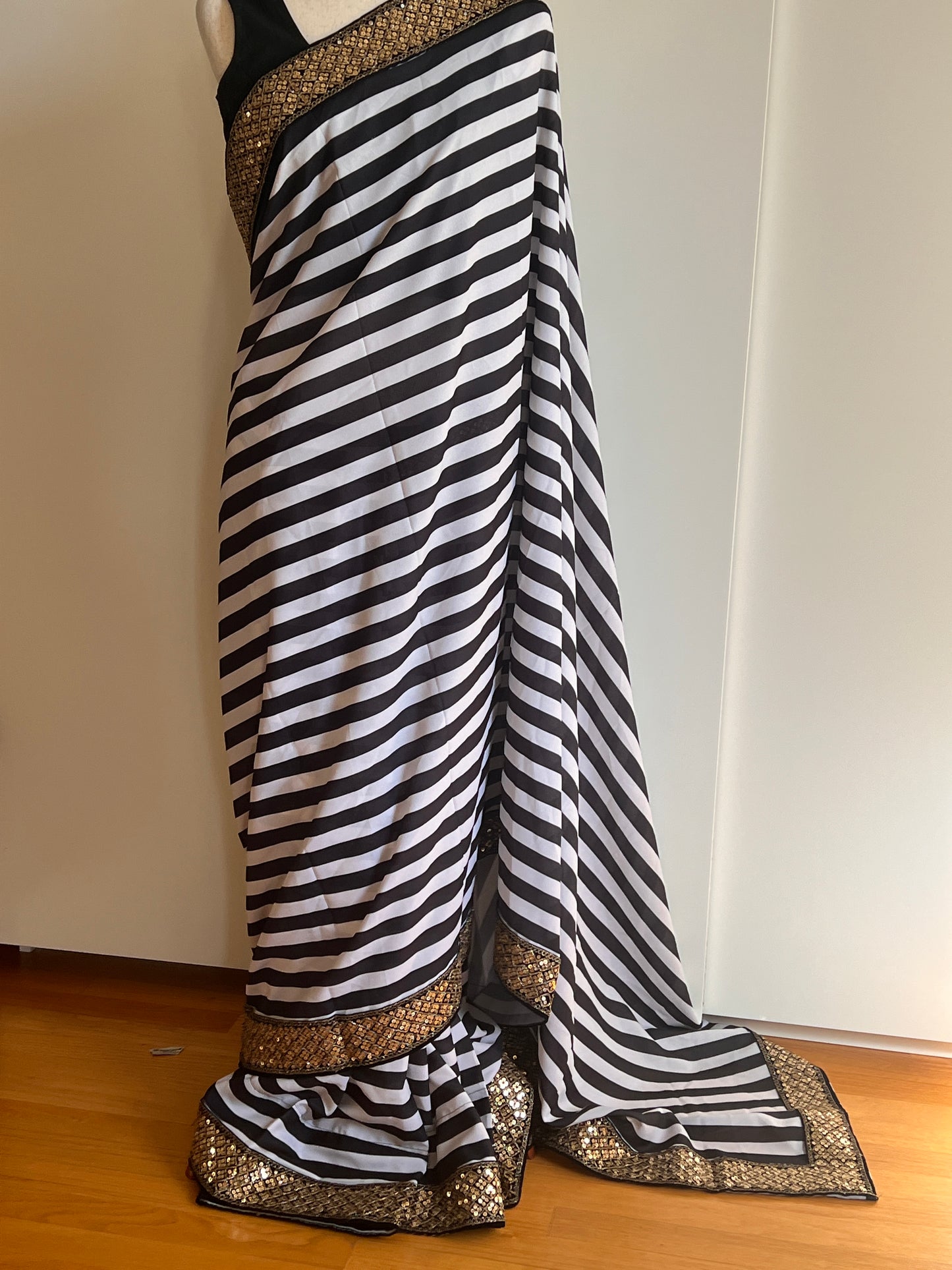 Black And White Stripe Printed Silk Saree with Gold Embellished Embroidered Border