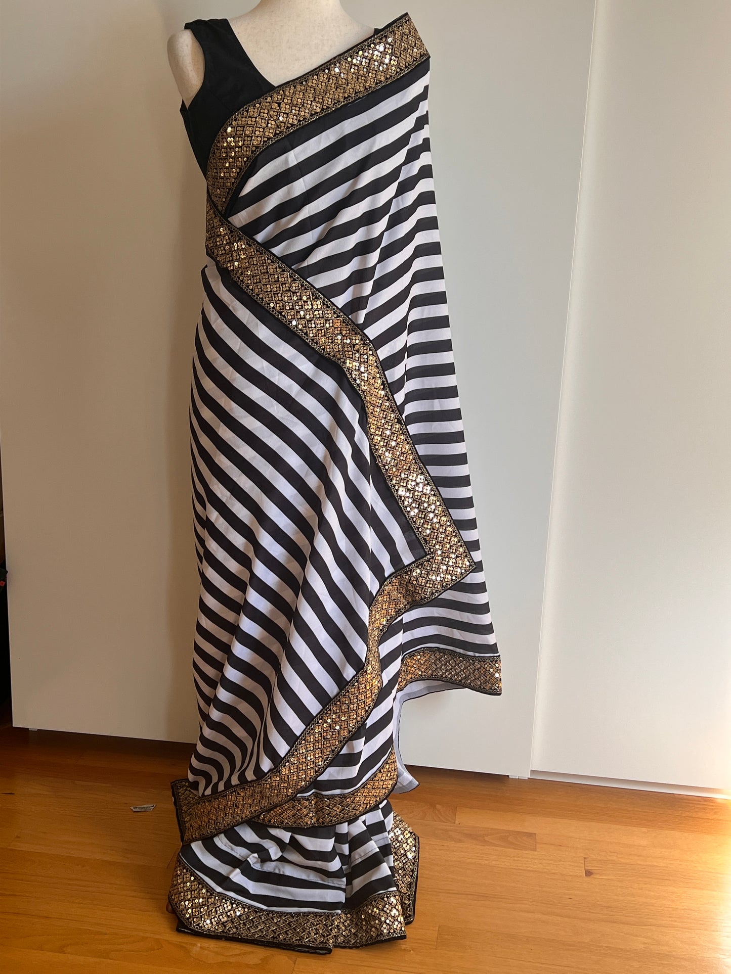 Black And White Stripe Printed Silk Saree with Gold Embellished Embroidered Border