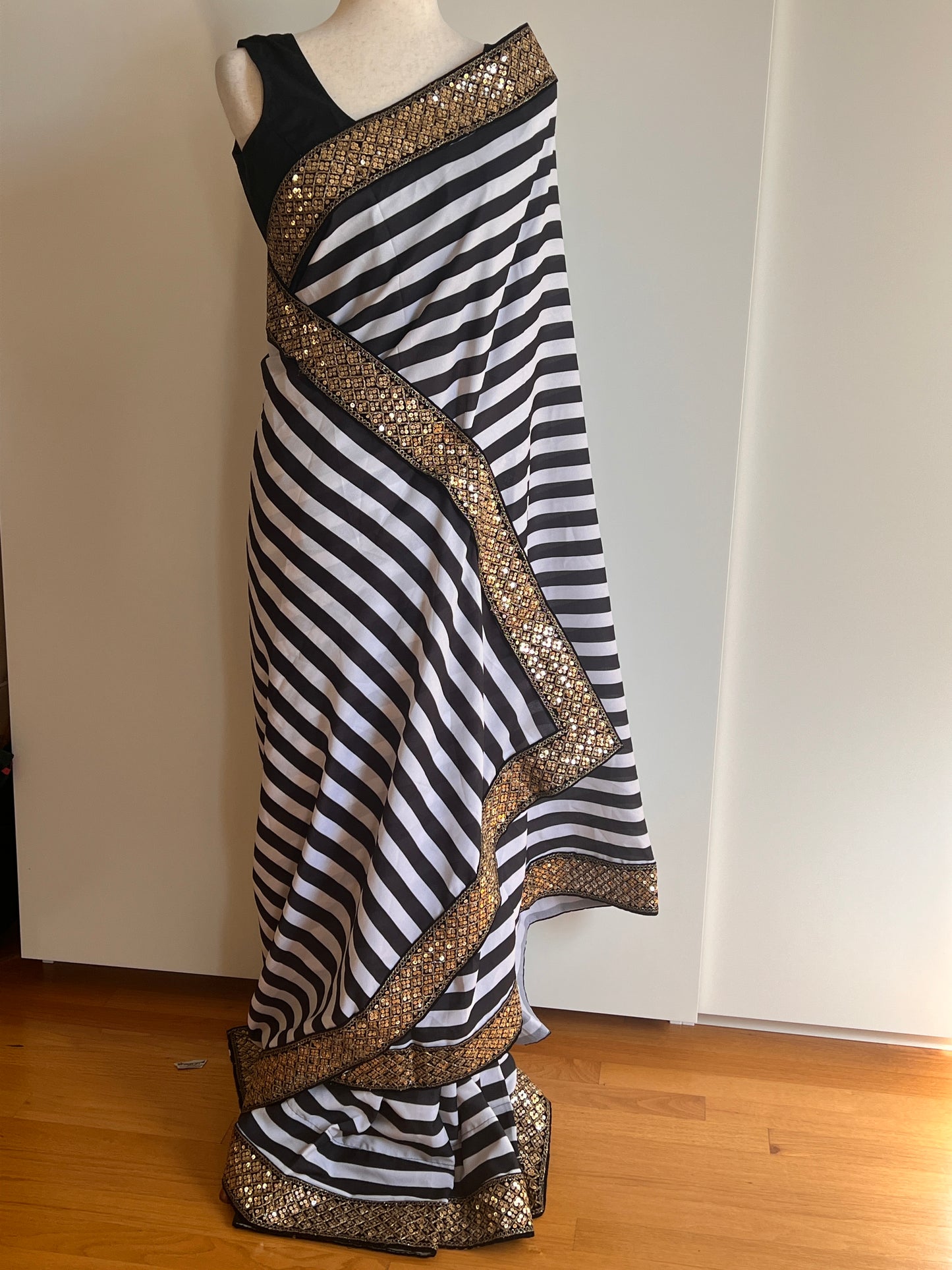 Black And White Stripe Printed Silk Saree with Gold Embellished Embroidered Border