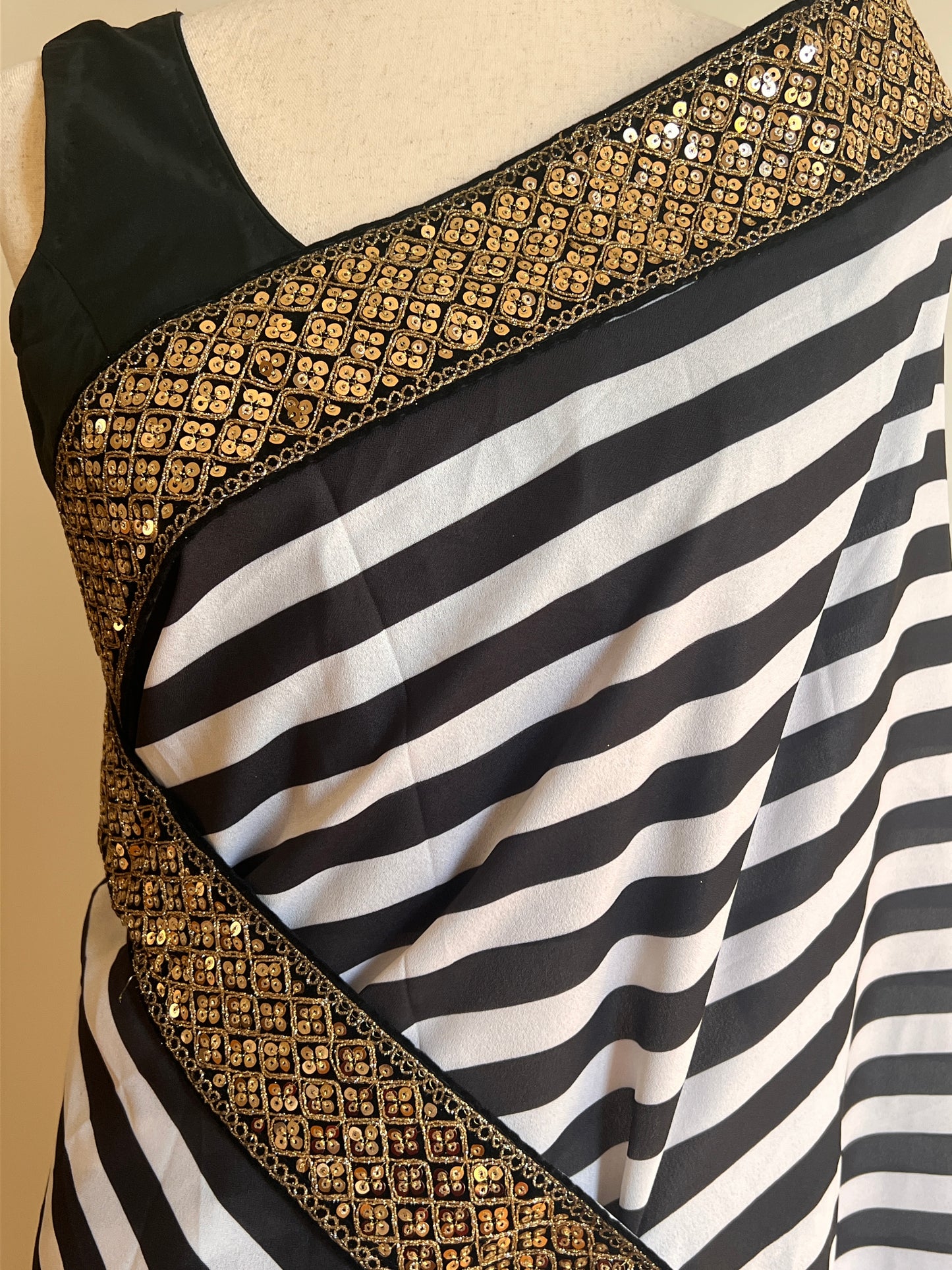 Black And White Stripe Printed Silk Saree with Gold Embellished Embroidered Border