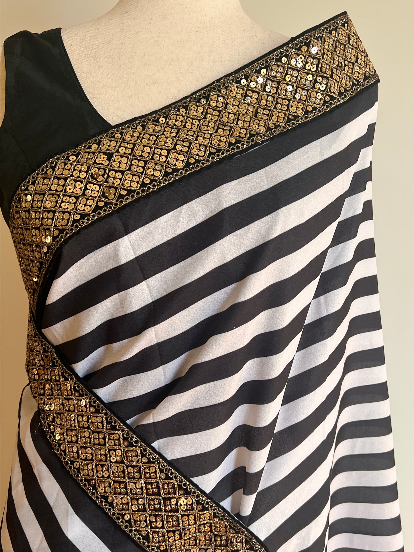 Black And White Stripe Printed Silk Saree with Gold Embellished Embroidered Border