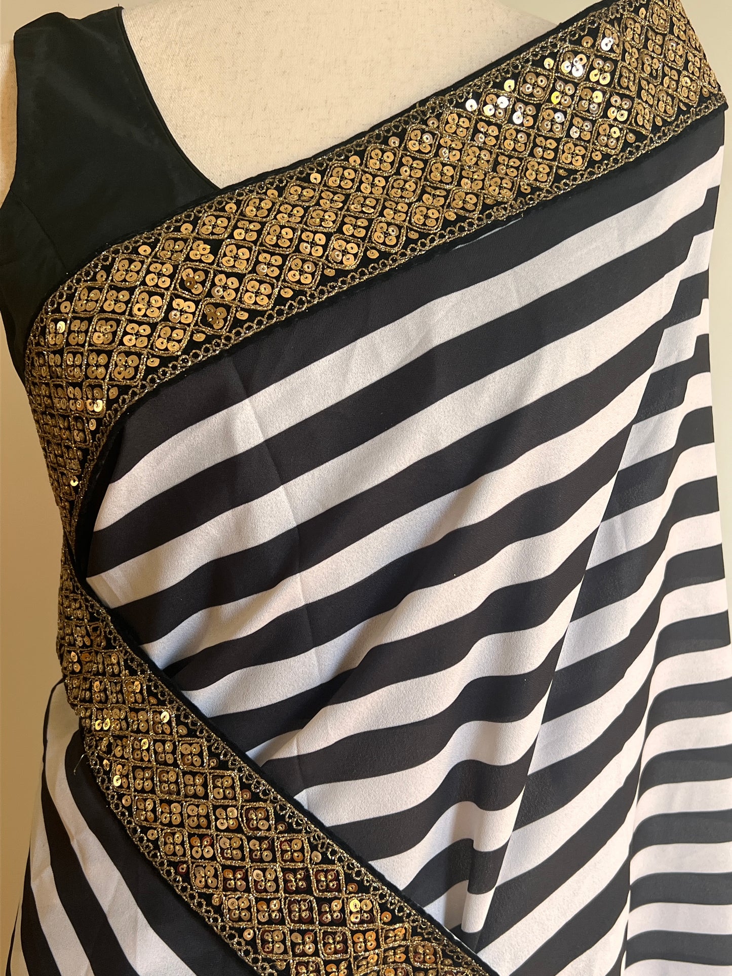 Black And White Stripe Printed Silk Saree with Gold Embellished Embroidered Border