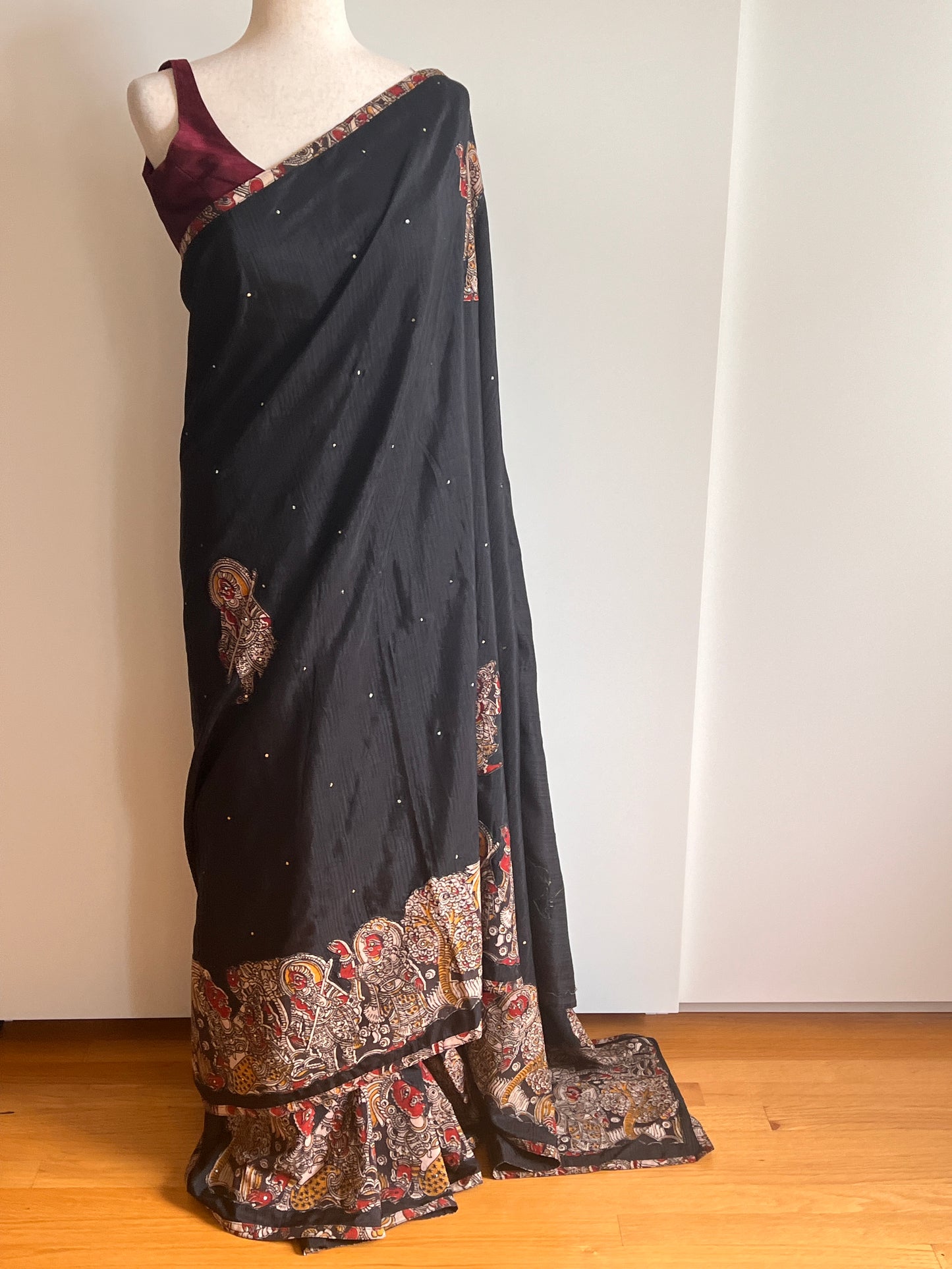 Black Raw Silk Kalamkari Saree (Saree Only)