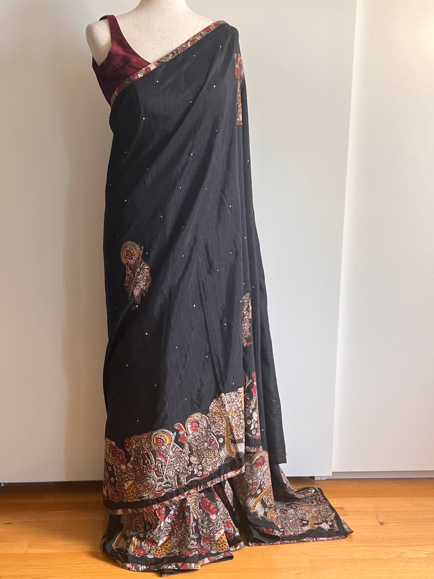 Black Raw Silk Kalamkari Saree (Saree Only)