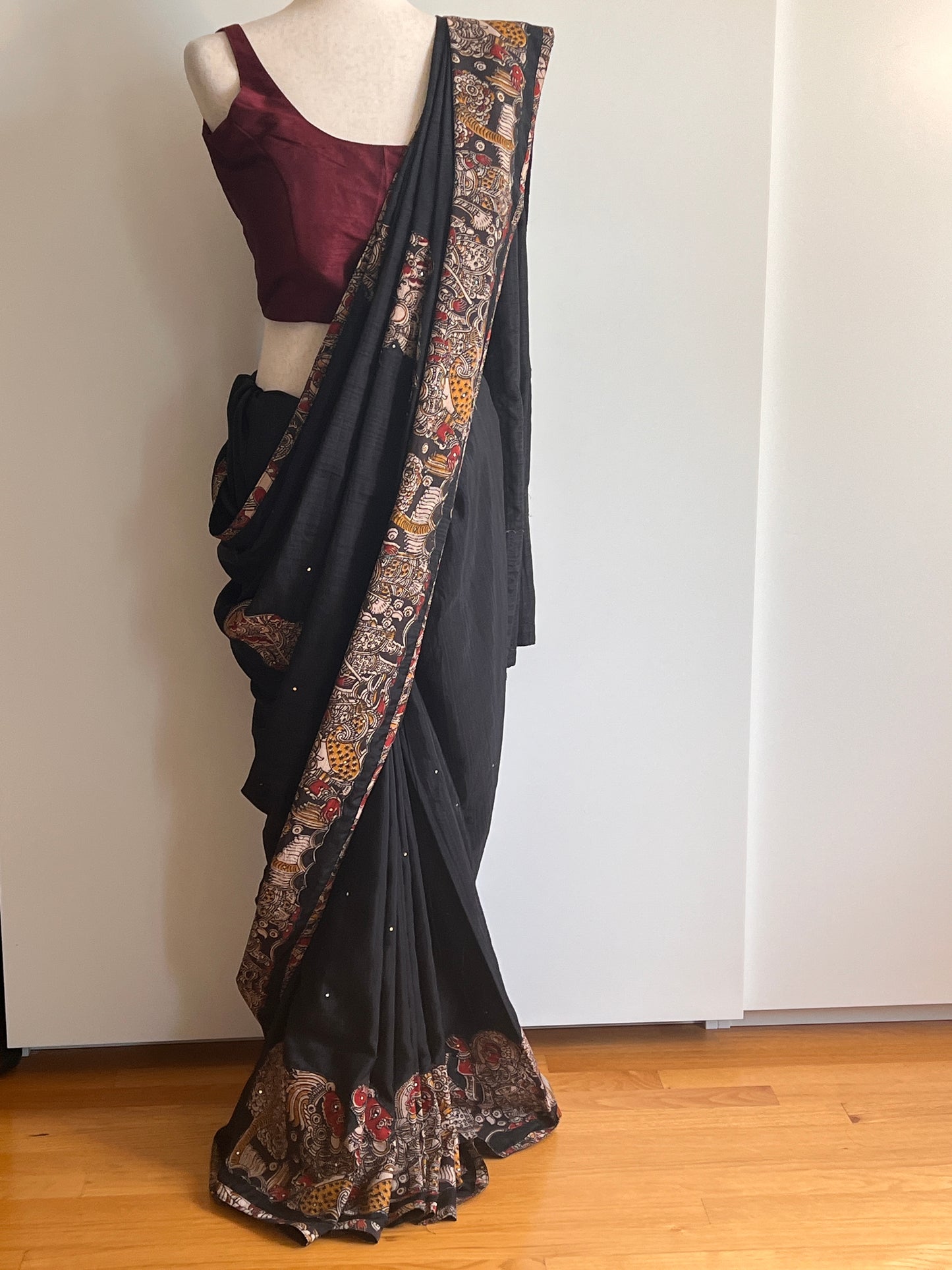 Black Raw Silk Kalamkari Saree (Saree Only)
