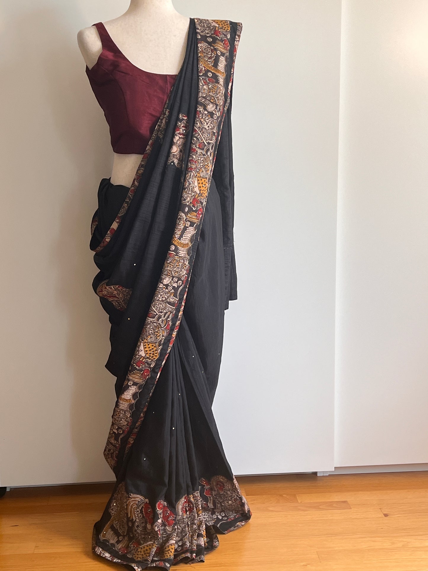 Black Raw Silk Kalamkari Saree (Saree Only)