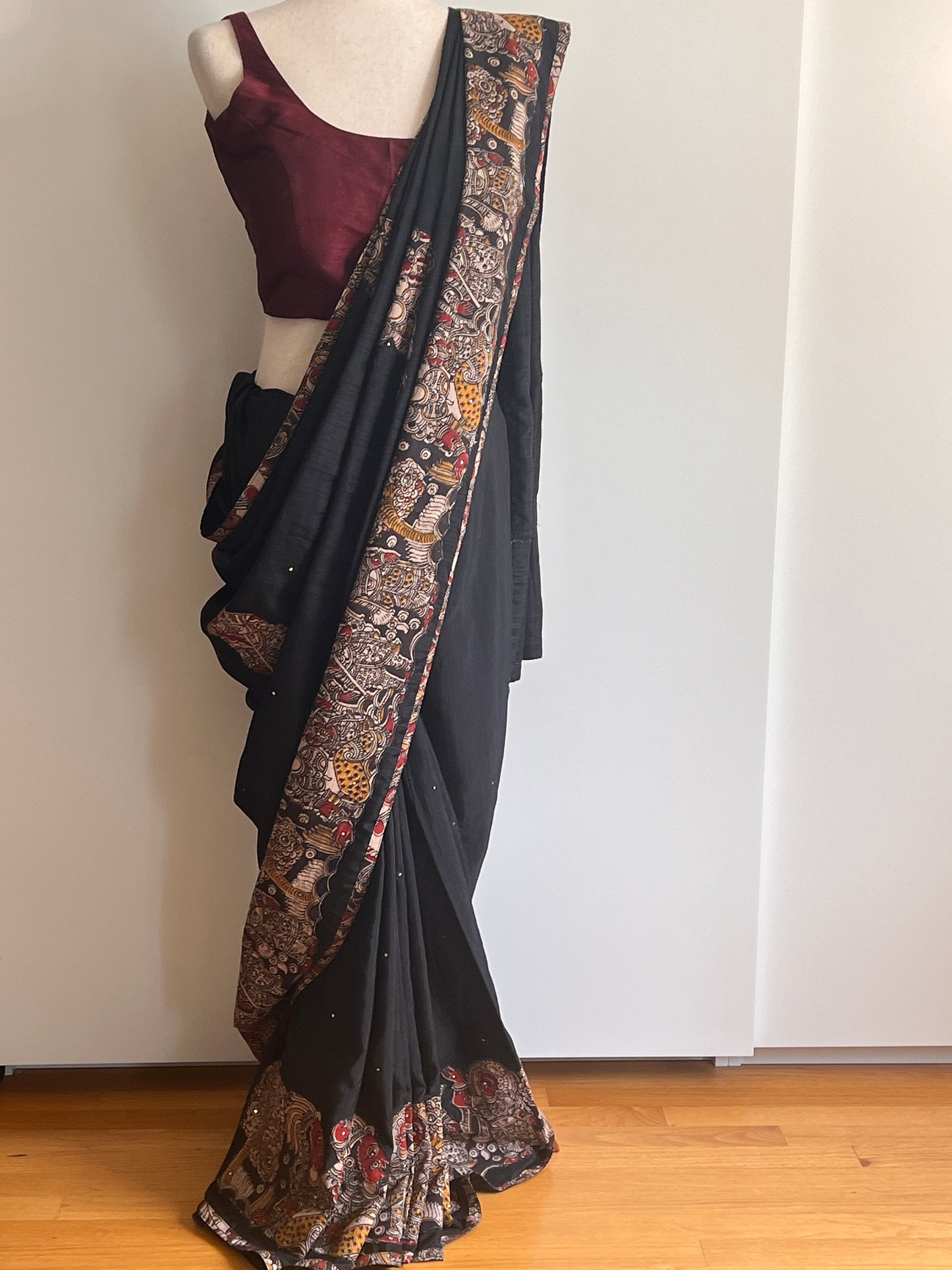 Black Raw Silk Kalamkari Saree (Saree Only)