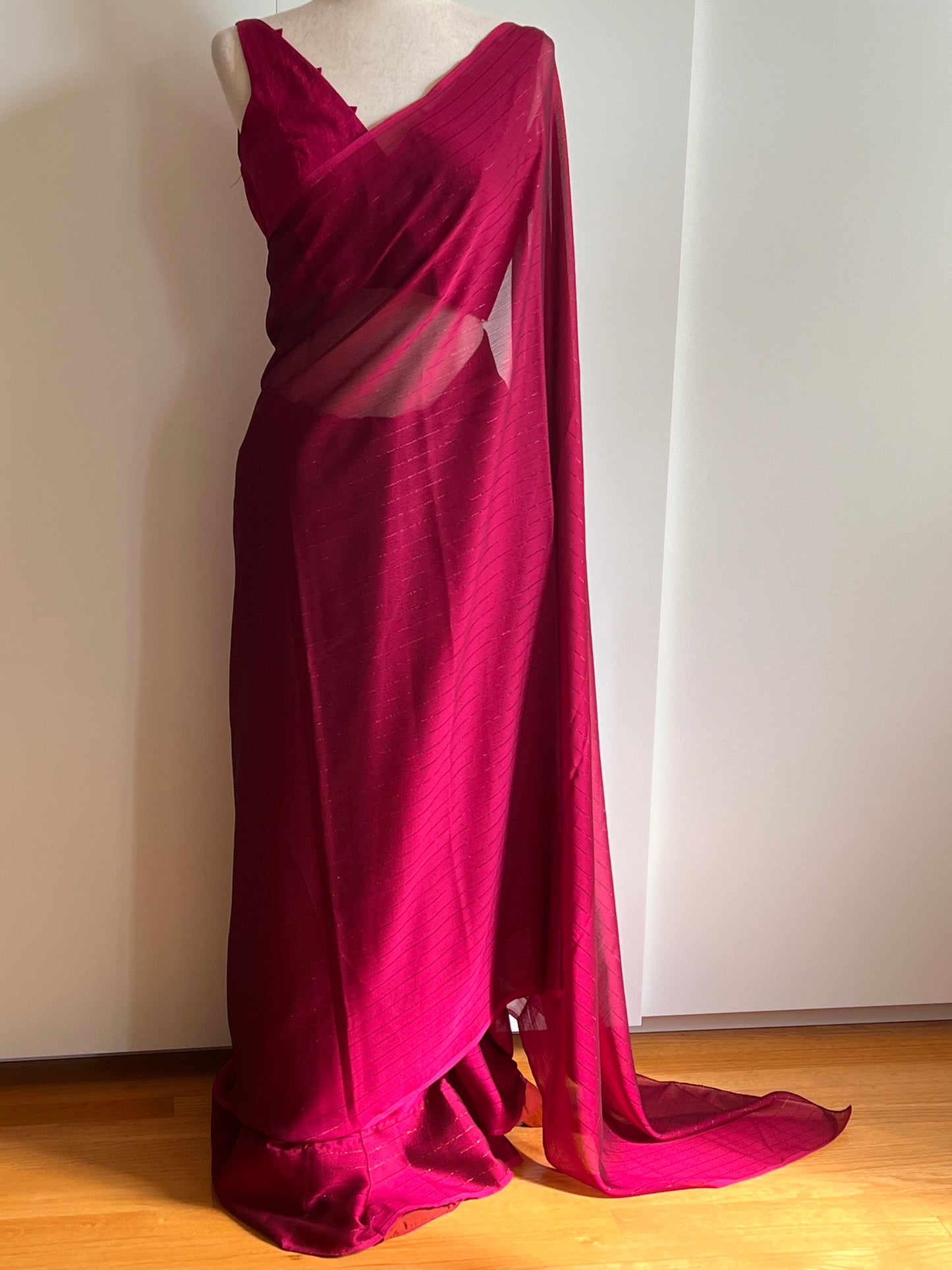 Wine Chinon Stripe Plain Saree Only