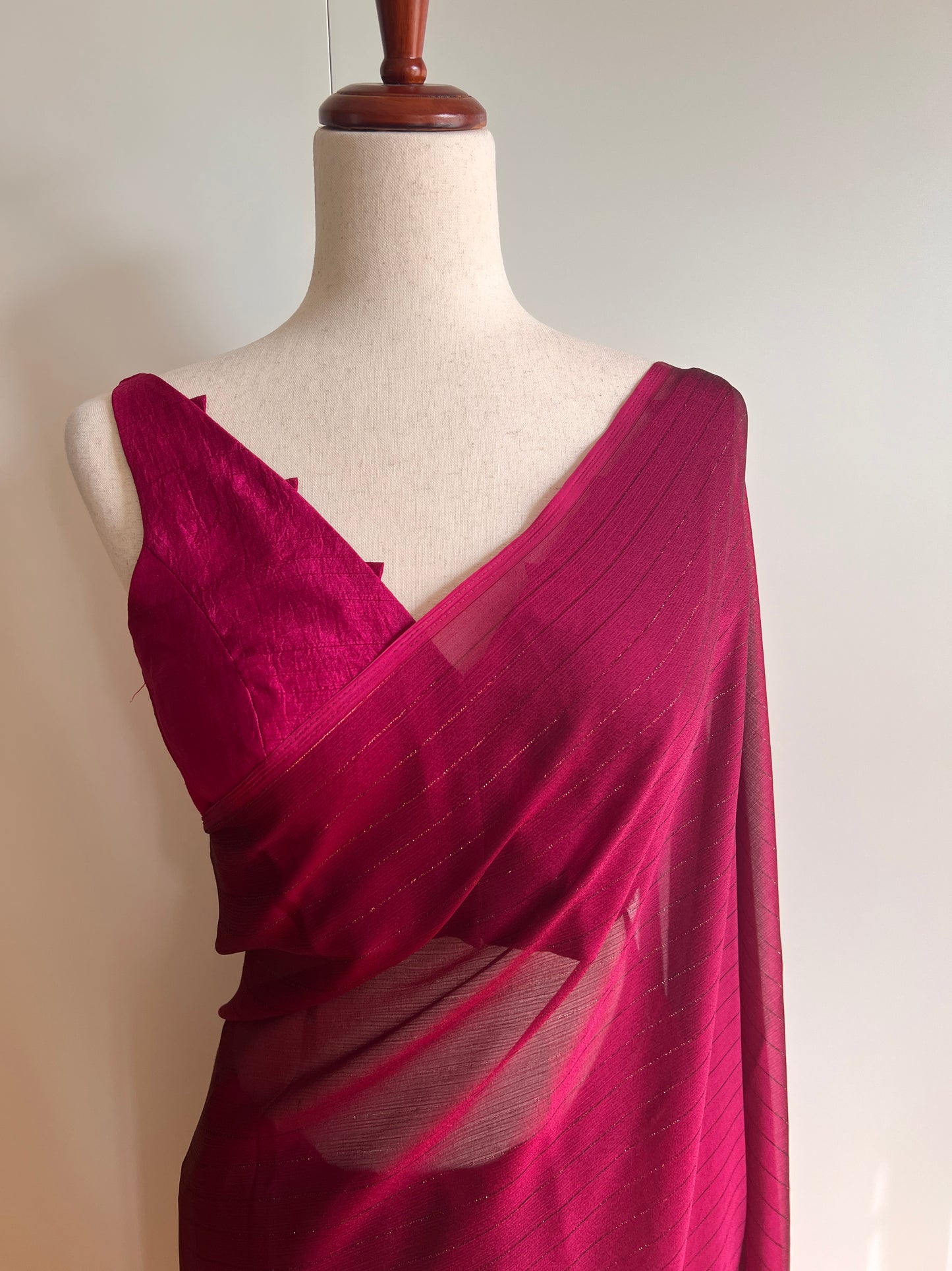 Wine Chinon Stripe Plain Saree Only