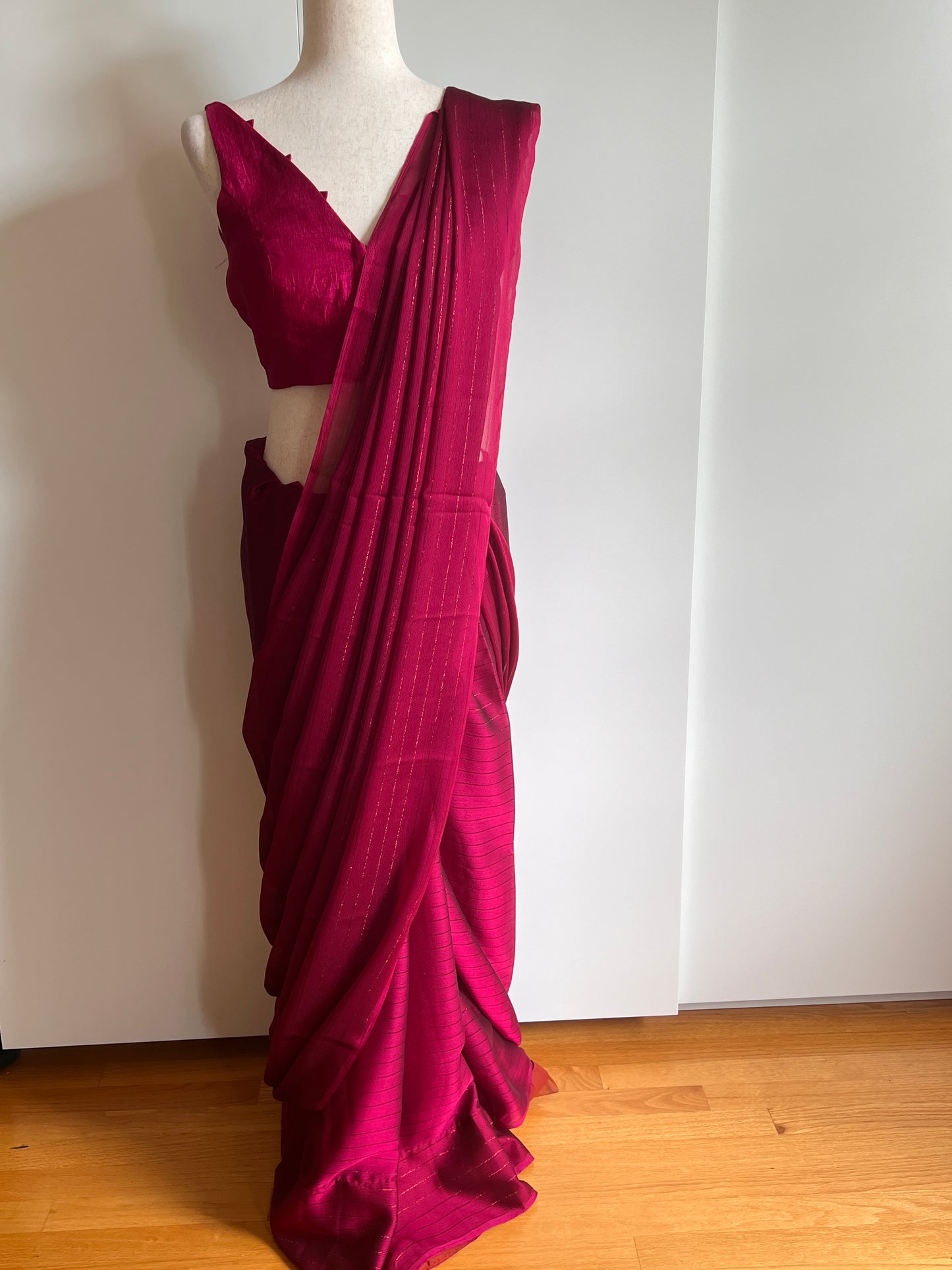 Wine Chinon Stripe Plain Saree Only