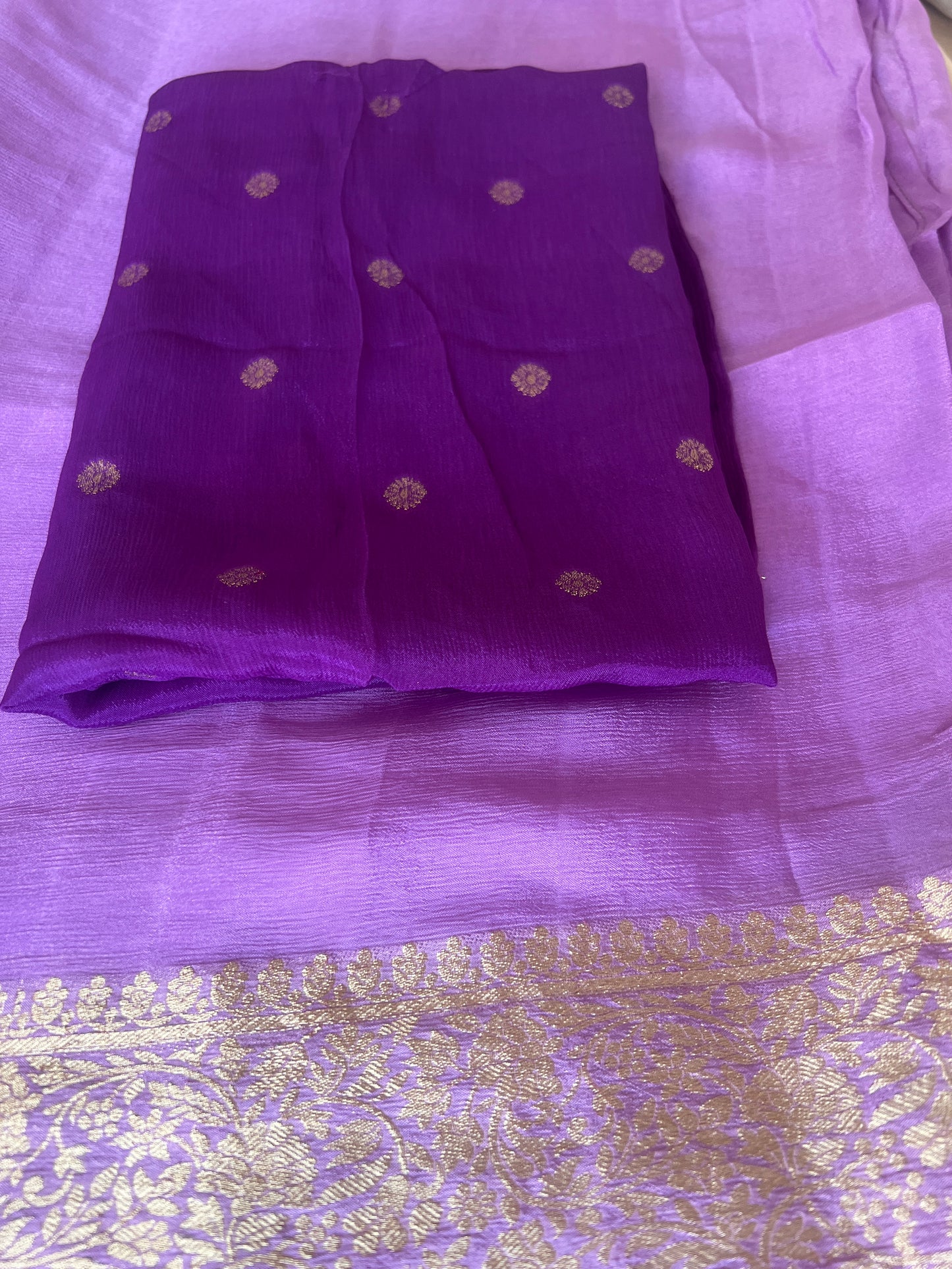 Lilac Chinnon Saree with purple Unstitched Blouse