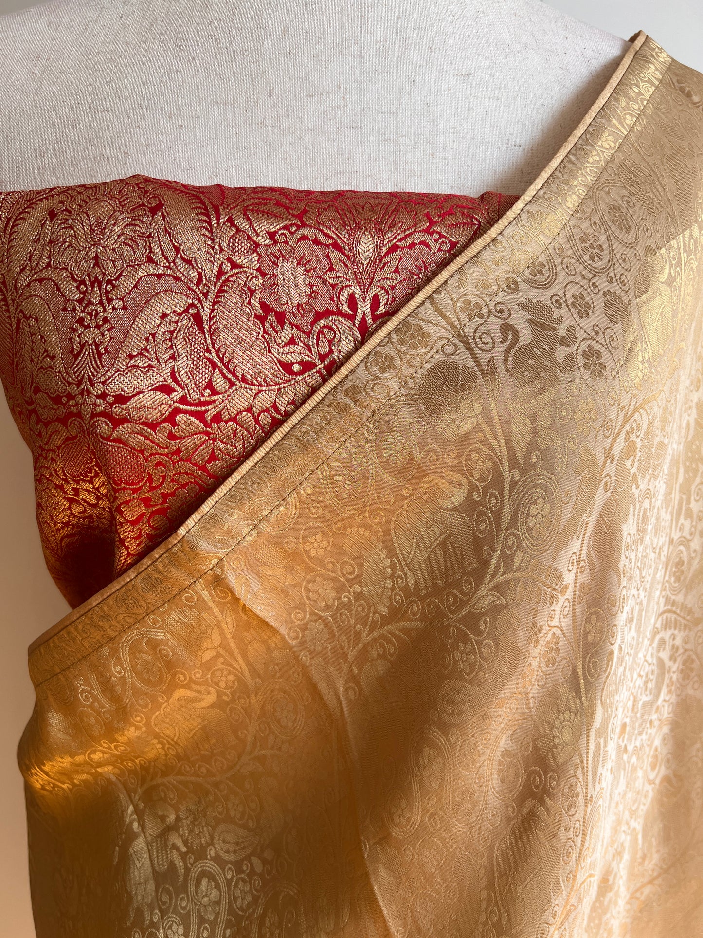 Gold Woven Viscose Fabric Saree with Unstitched Red Zari Brocade Blouse Material