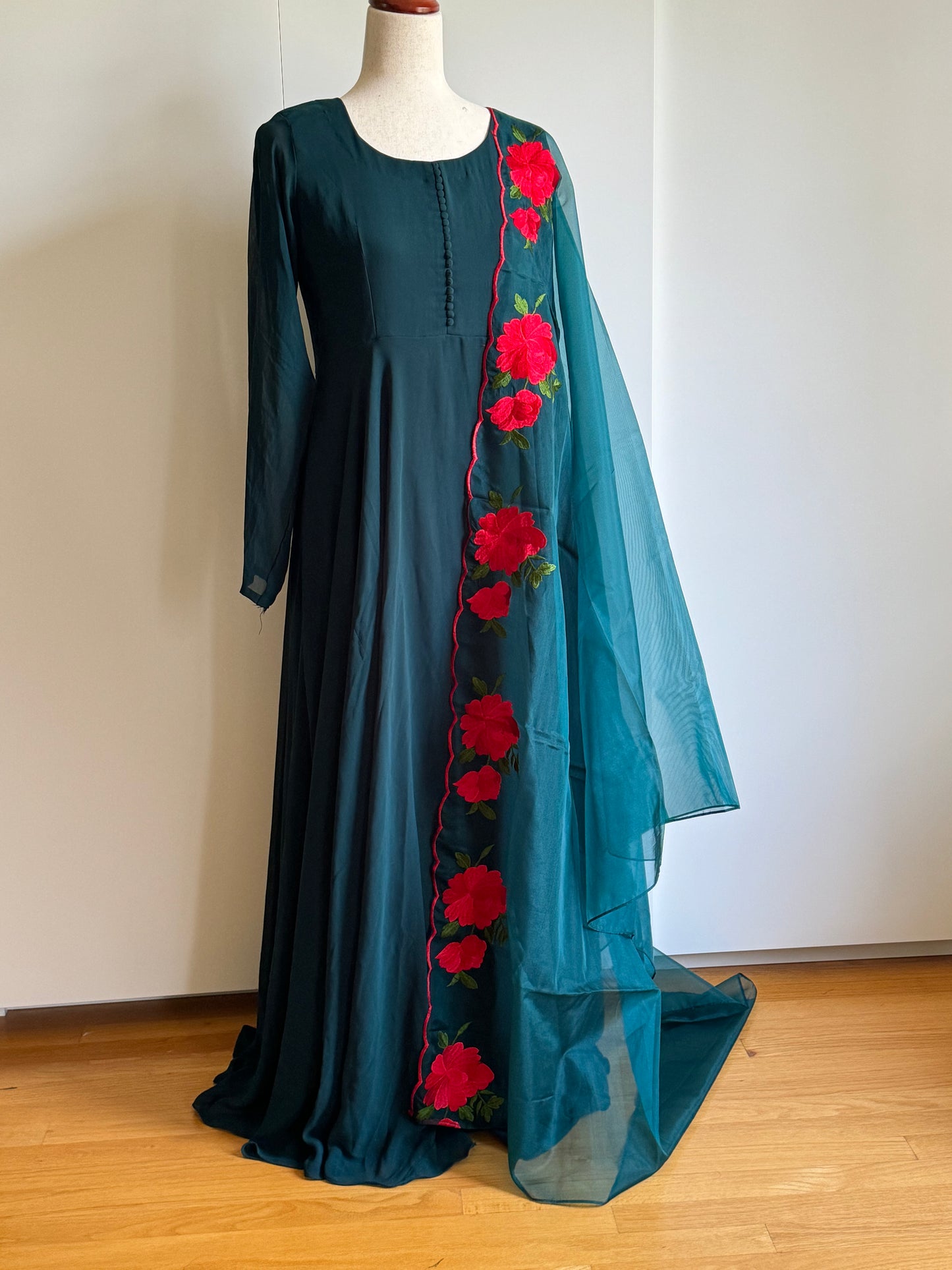 Peacock Green Faux Georgette Double flair Anarkali Gown with Organza Dupatta