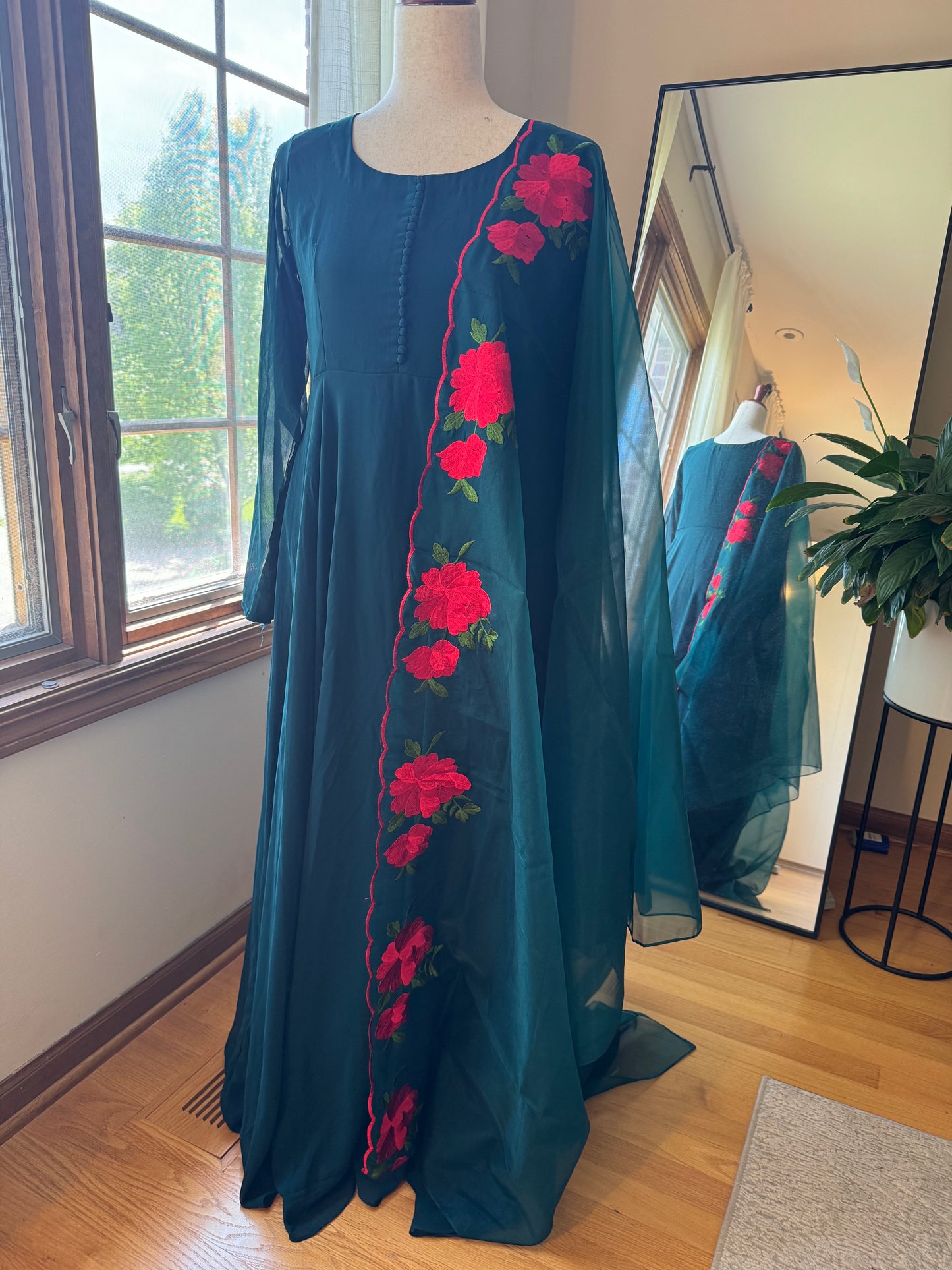 Peacock Green Faux Georgette Double flair Anarkali Gown with Organza Dupatta