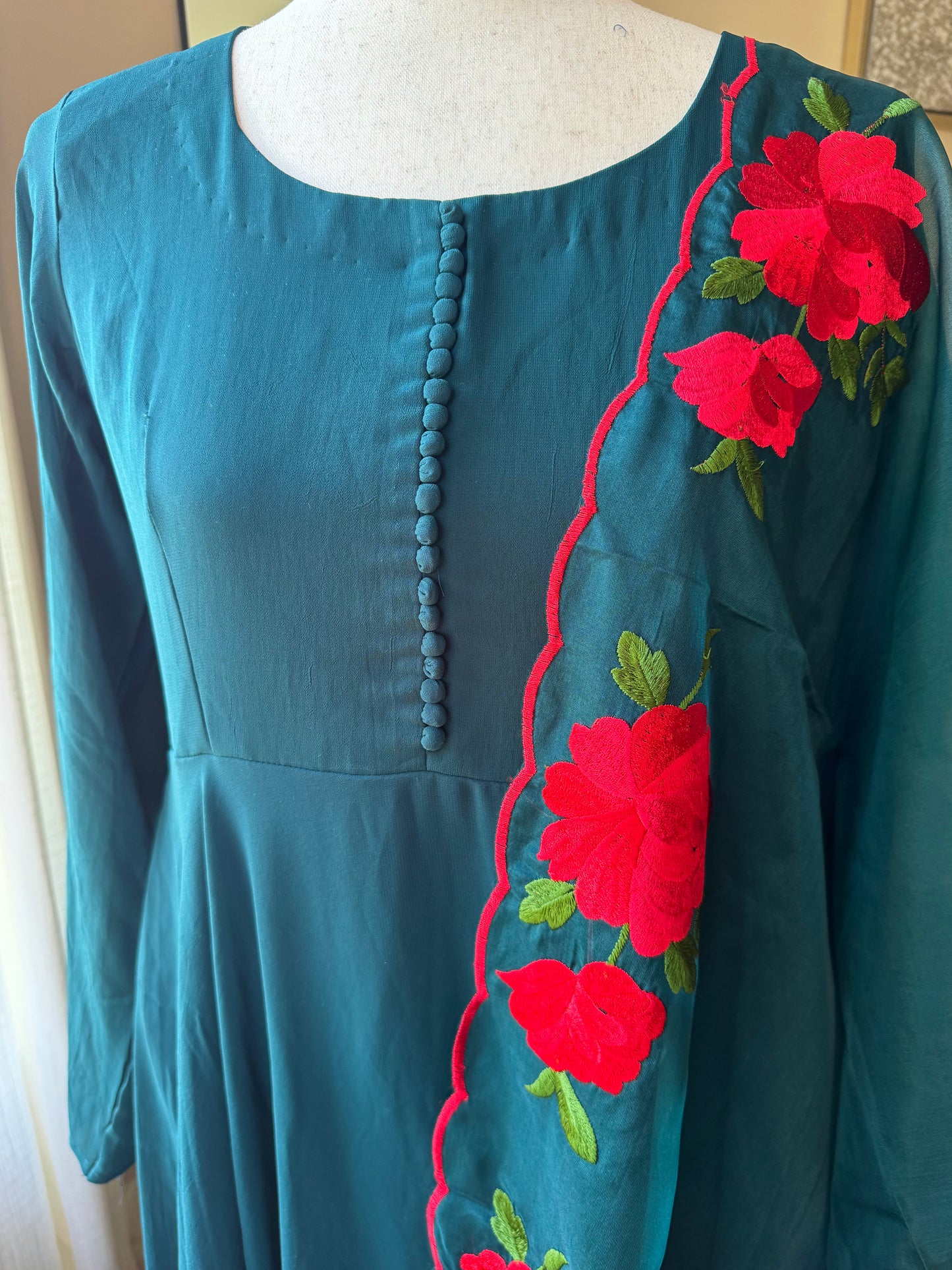 Peacock Green Faux Georgette Double flair Anarkali Gown with Organza Dupatta