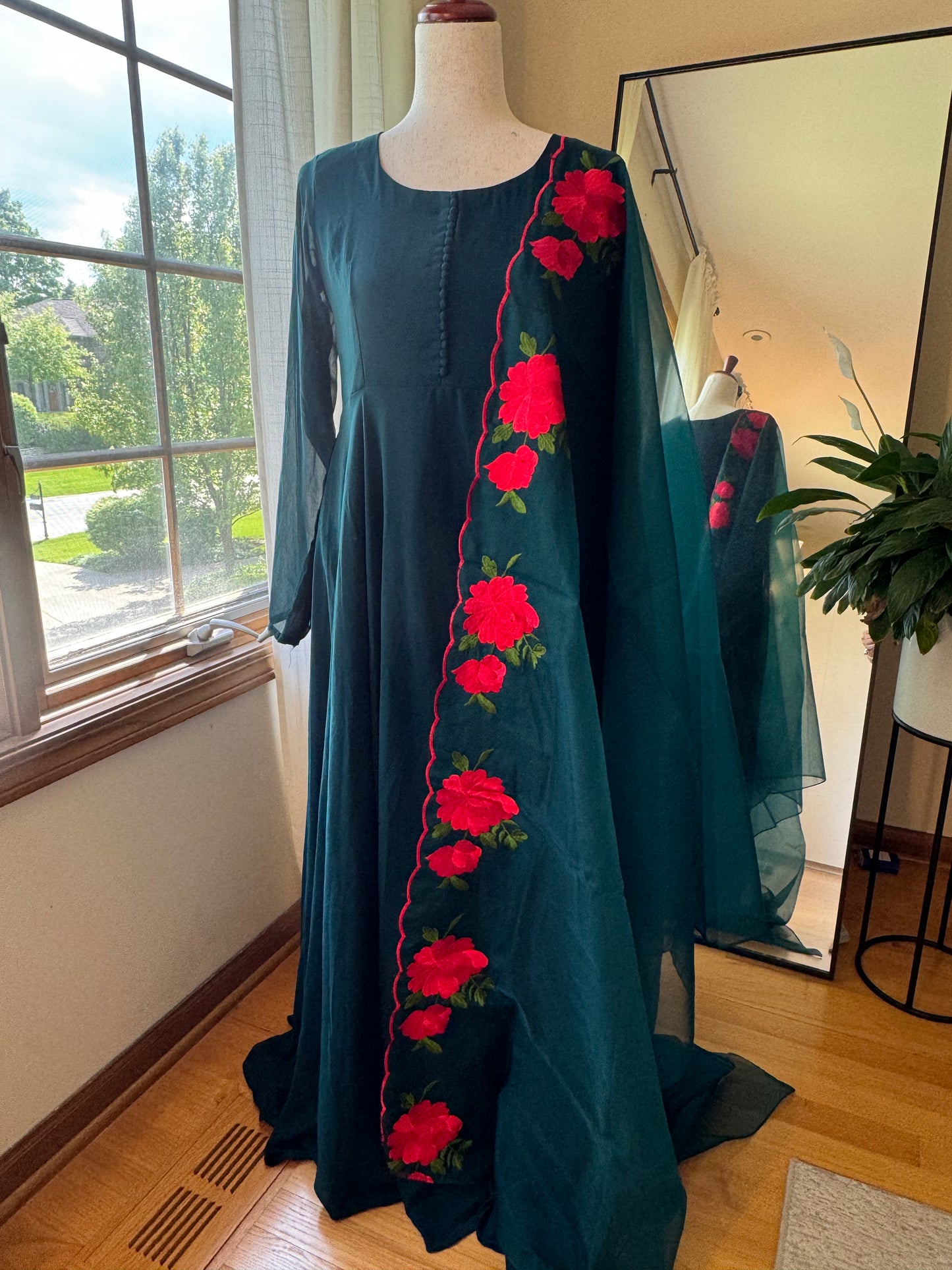 Peacock Green Faux Georgette Double flair Anarkali Gown with Organza Dupatta