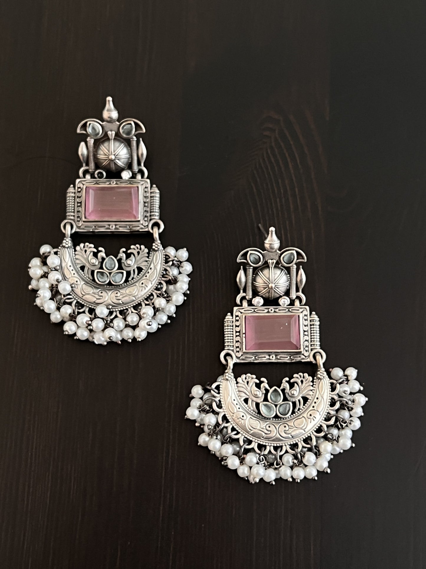Pink Stone Oxidized Earring