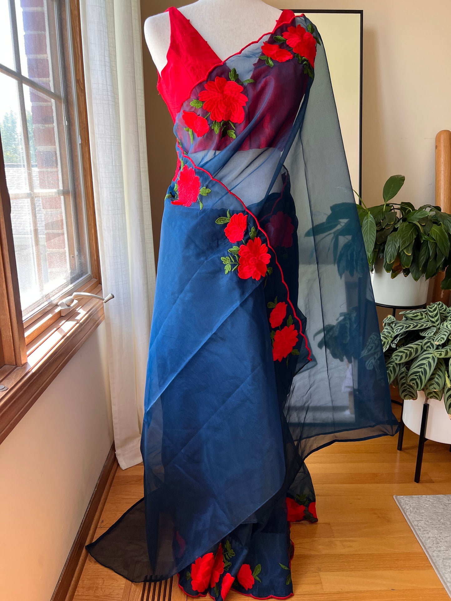Peacock Blue Nylon Organza Saree