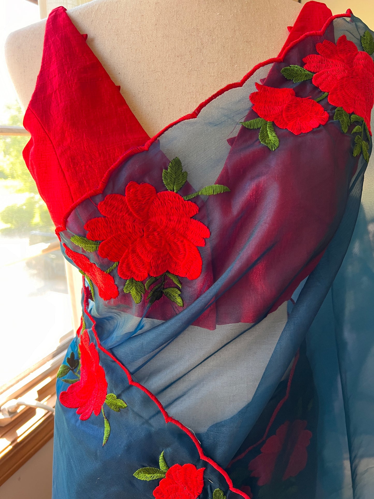 Peacock Blue Nylon Organza Saree