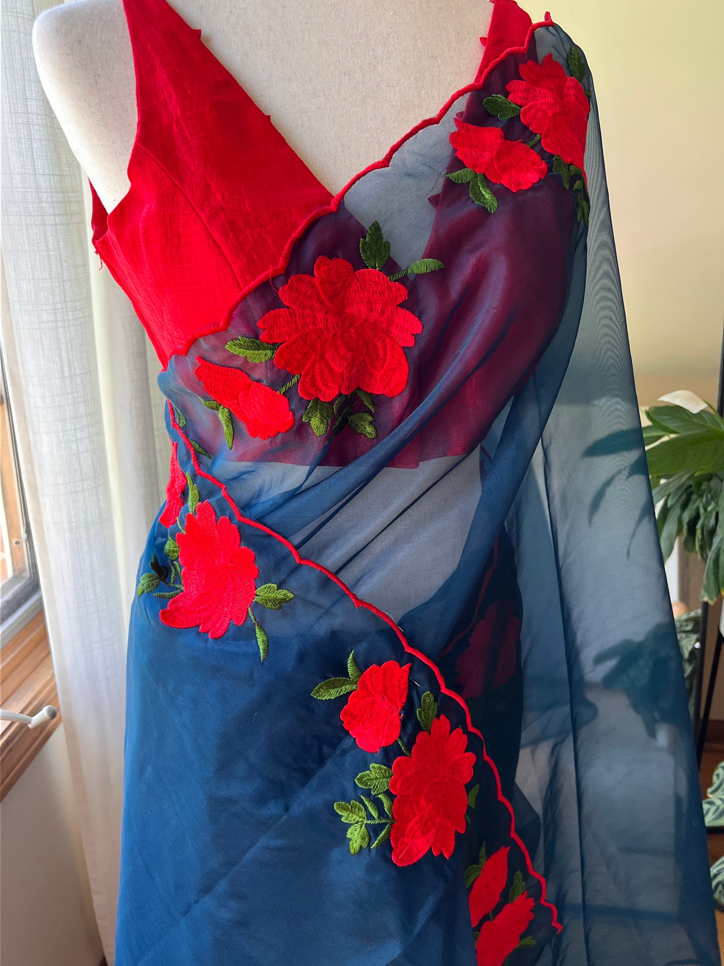 Peacock Blue Nylon Organza Saree