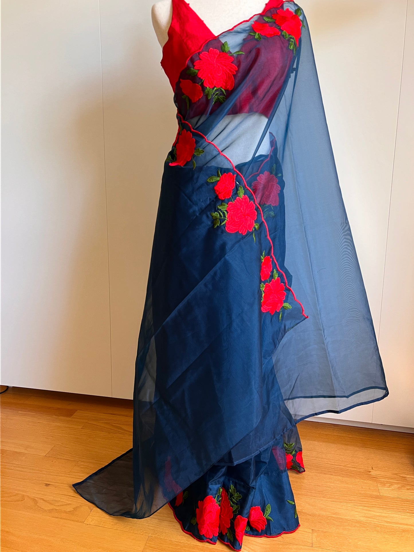 Peacock Blue Nylon Organza Saree