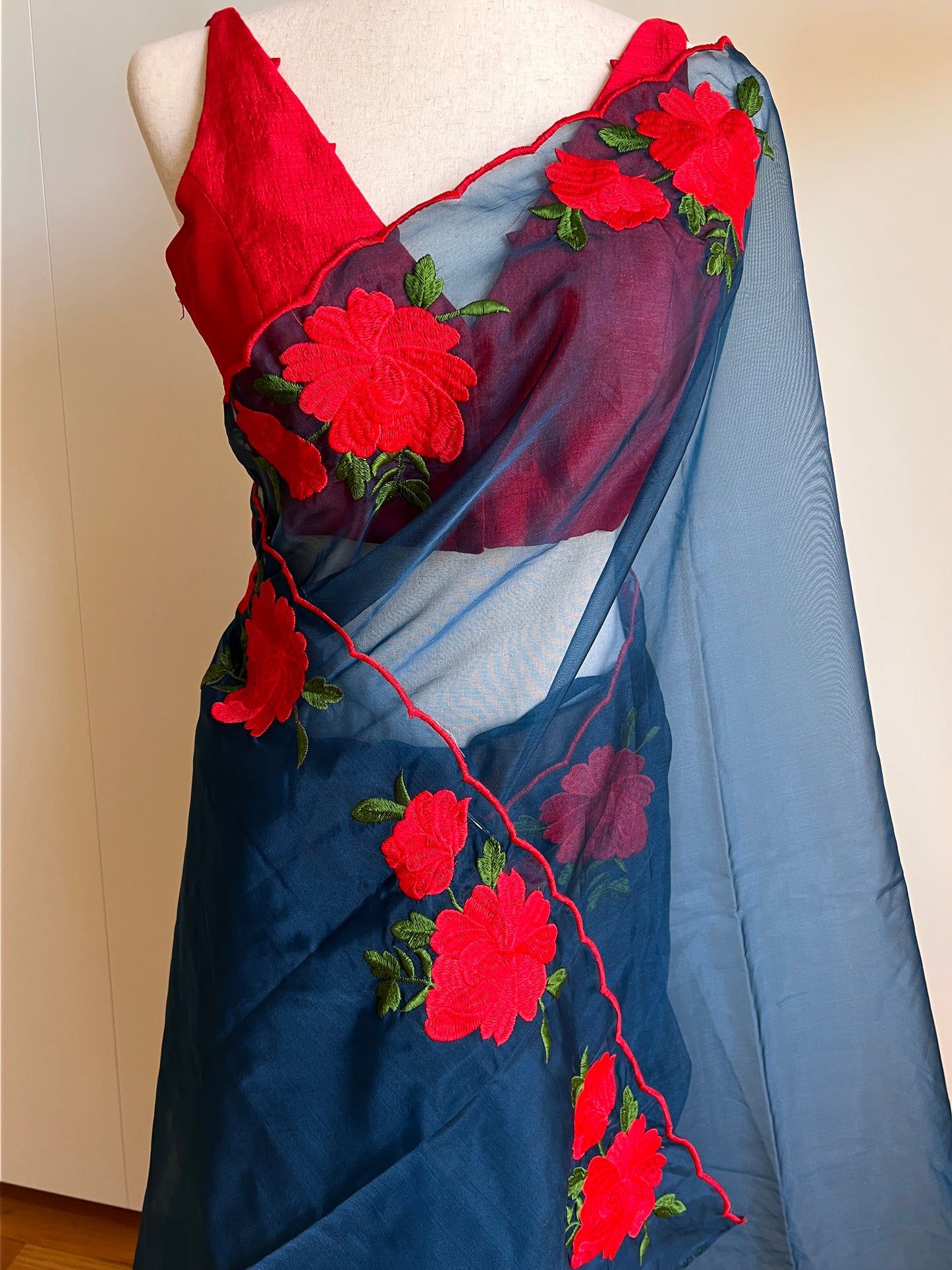 Peacock Blue Nylon Organza Saree