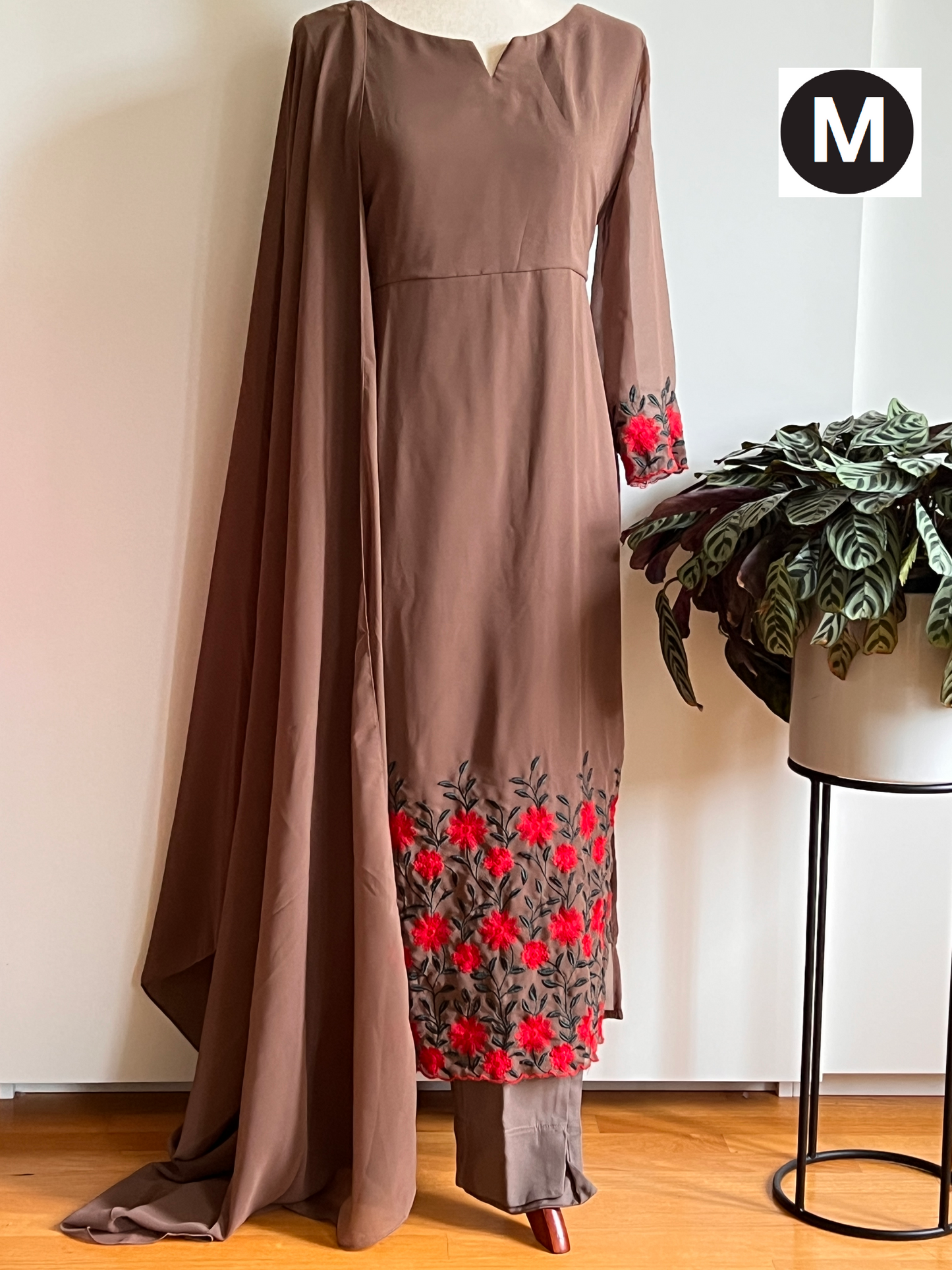 Pastel Brown Faux Georgette Slit Salwar Set -Size M